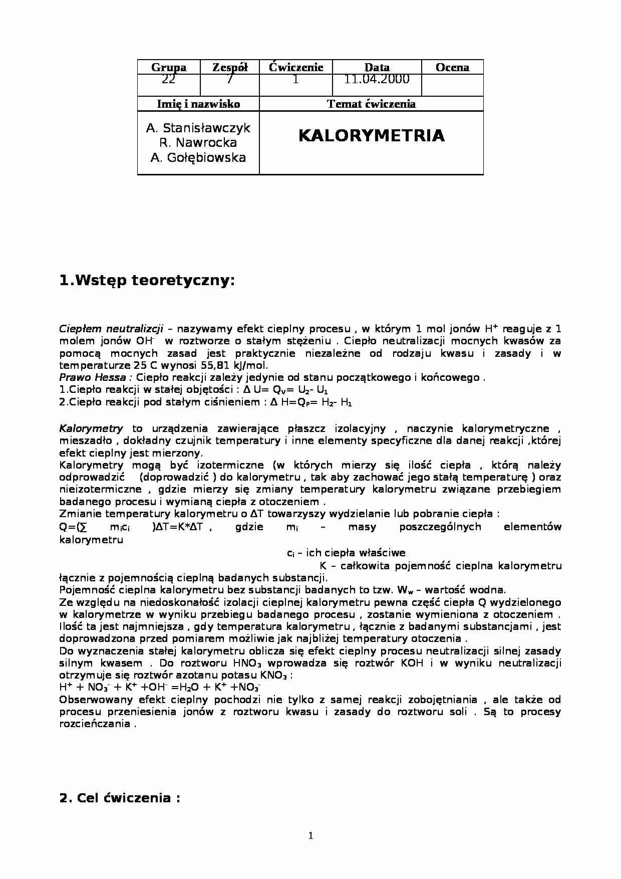 Kalorymetria - ćwiczenie - Ciepło neutralizcji  - strona 1