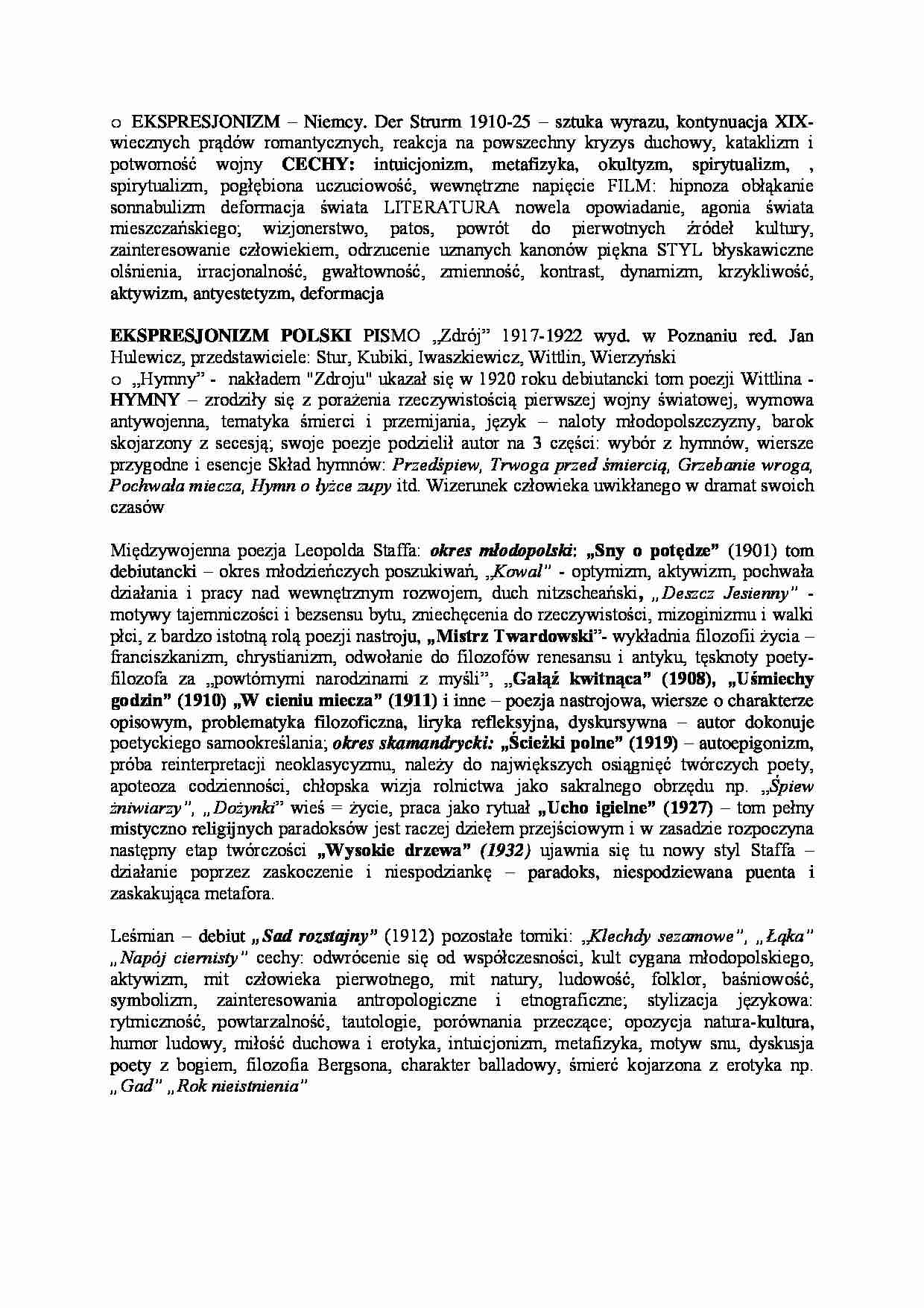 Ekspresjonizm, Ekspresjonizm polski, poezja Staffa i Leśmiana - wykład - strona 1
