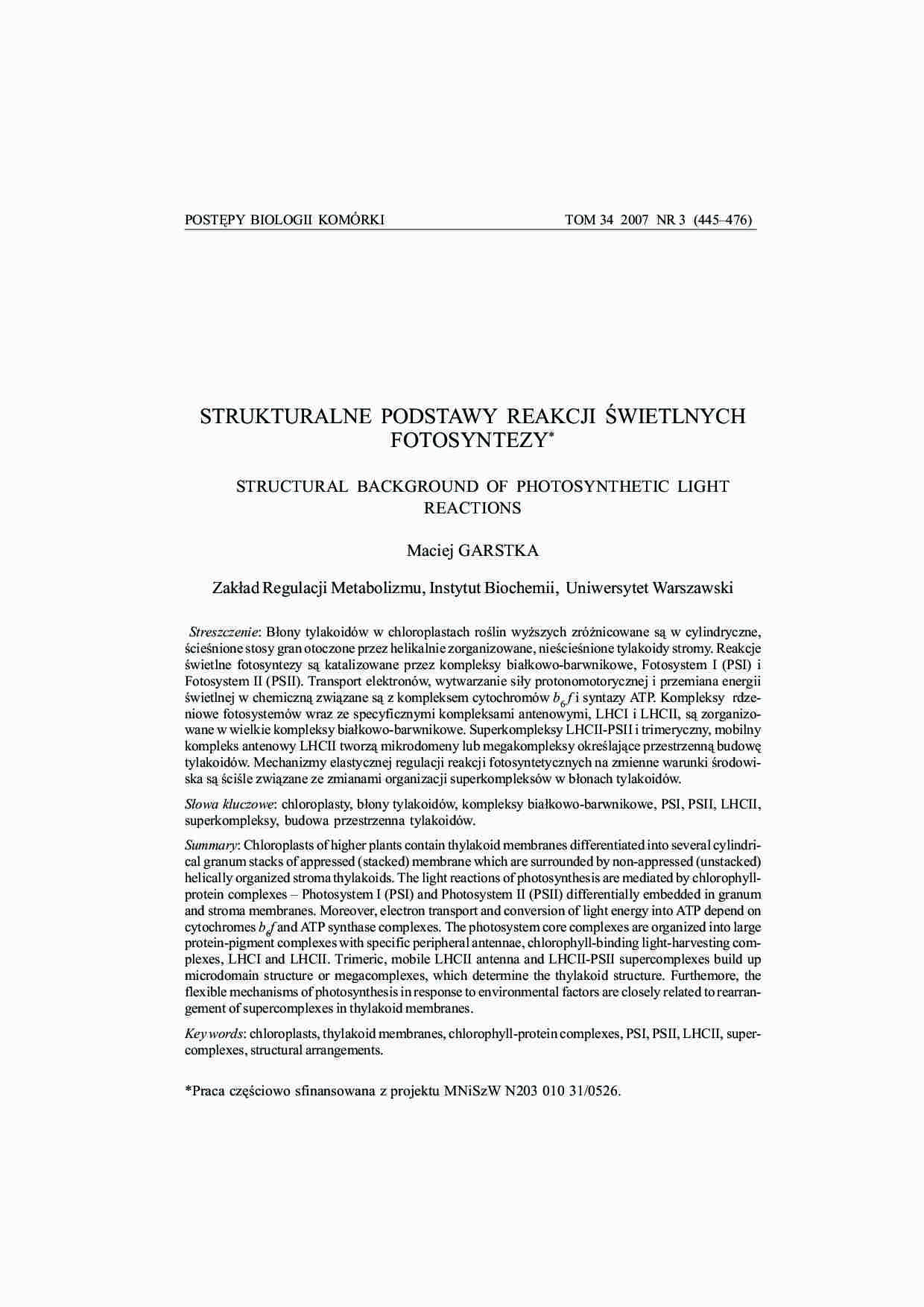 Strukturalne podstawy reakcji świetlnych fotosyntezy-opracowanie - strona 1