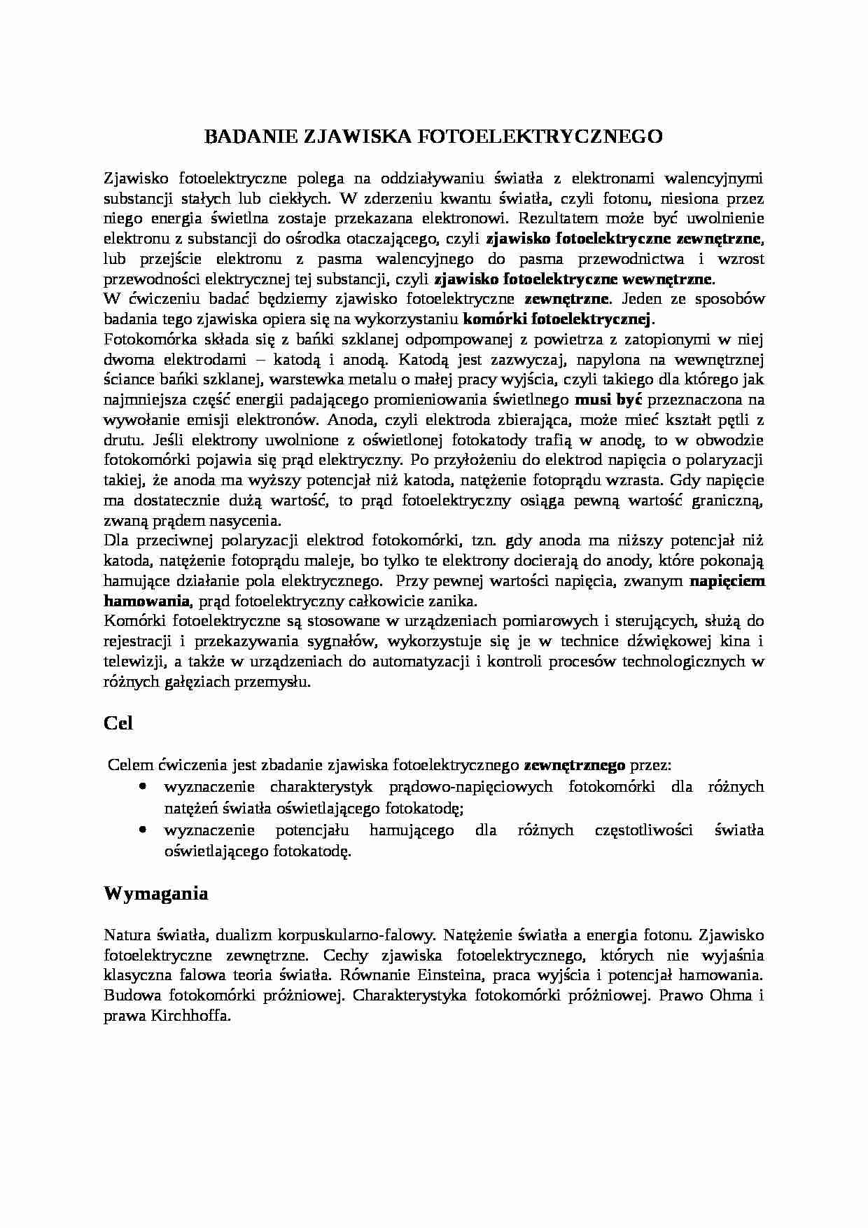 Badanie Zjawiska fotoelektrycznego-opracowanie - strona 1