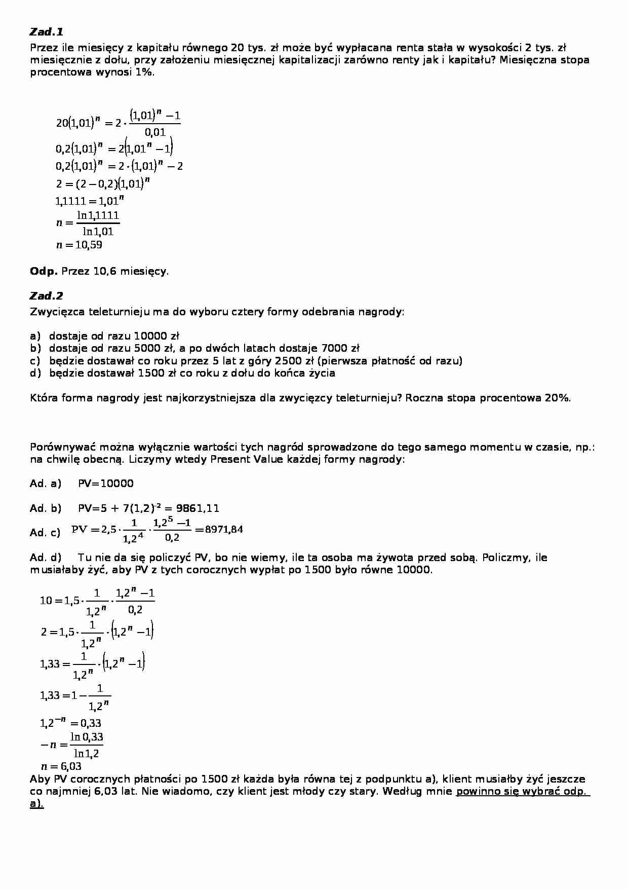Zadania z rozwiązaniami - matematyka finansowa - strona 1