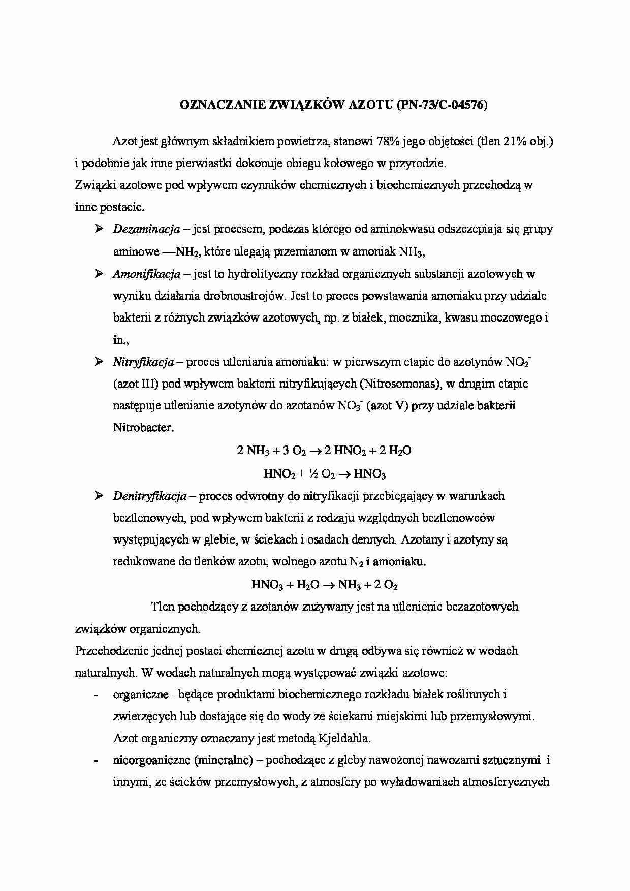 Oznaczanie związków azotu - wykład - strona 1