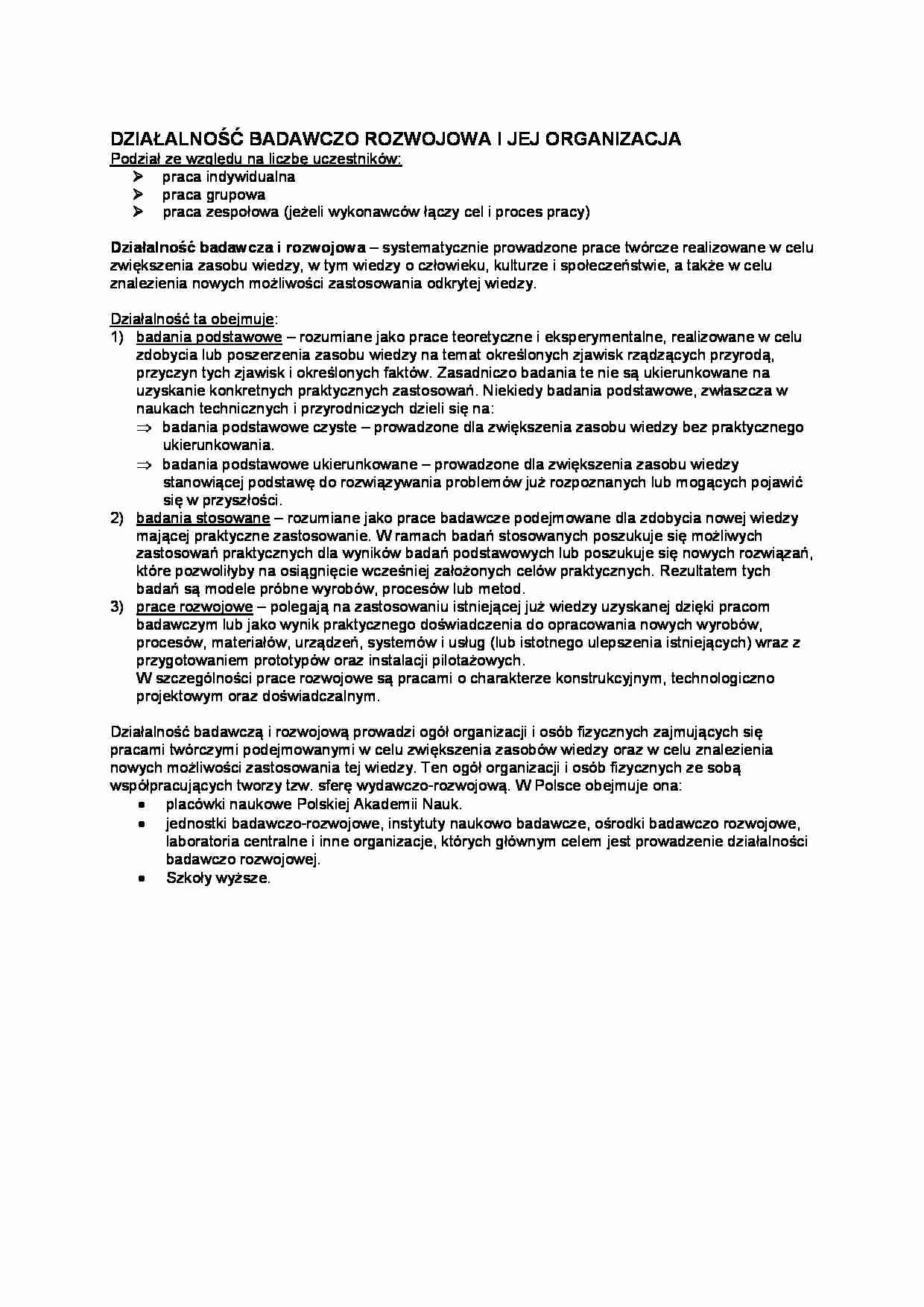 Działalność badawczo-rozwojowa i jej organizacja-opracowanie - strona 1