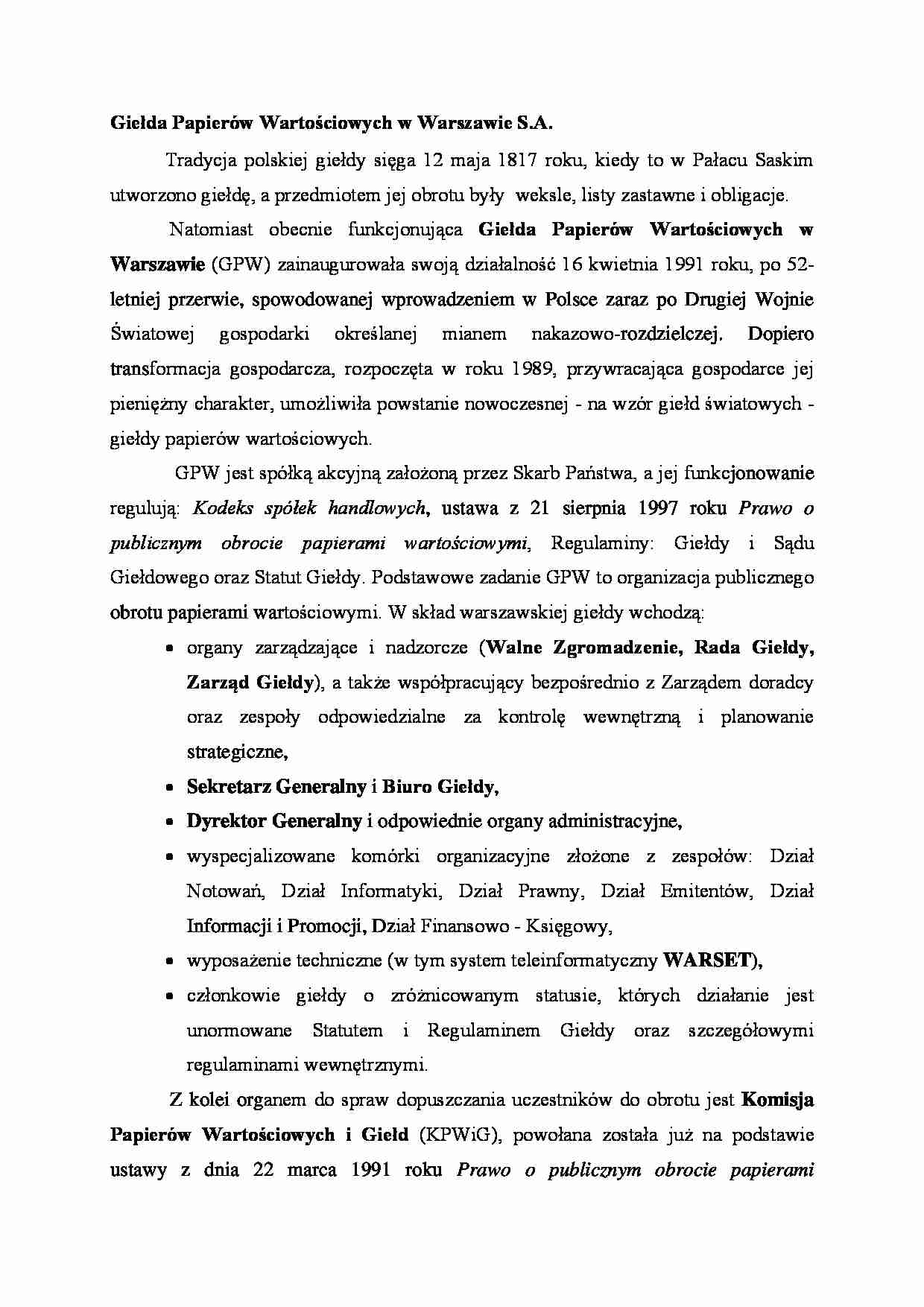 Giełda Papierów Wartościowych w Warszawie - Komisja Papierów Wartościowych i Giełd - strona 1