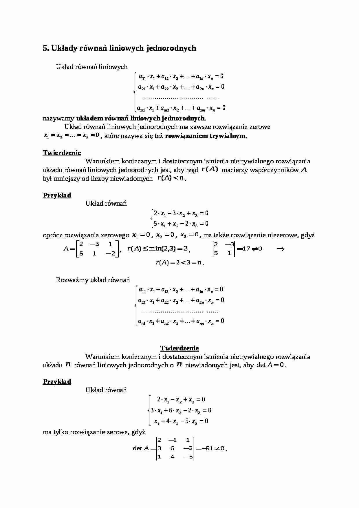 Ćwiczenia - Układy równań liniowych jednorodnych - strona 1