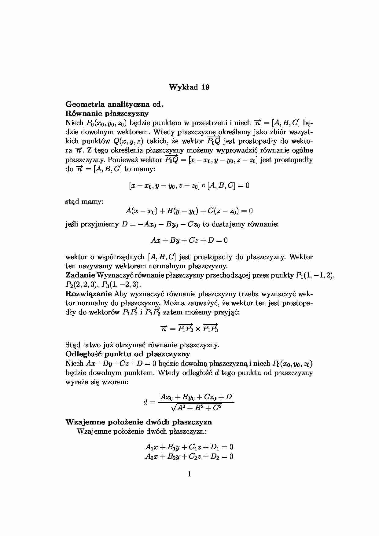 geometria analityczna  - Wykład 19 - strona 1