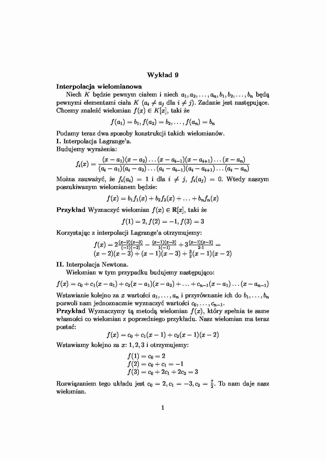 interpolacja wielomianowa -  Wykład 9 - strona 1