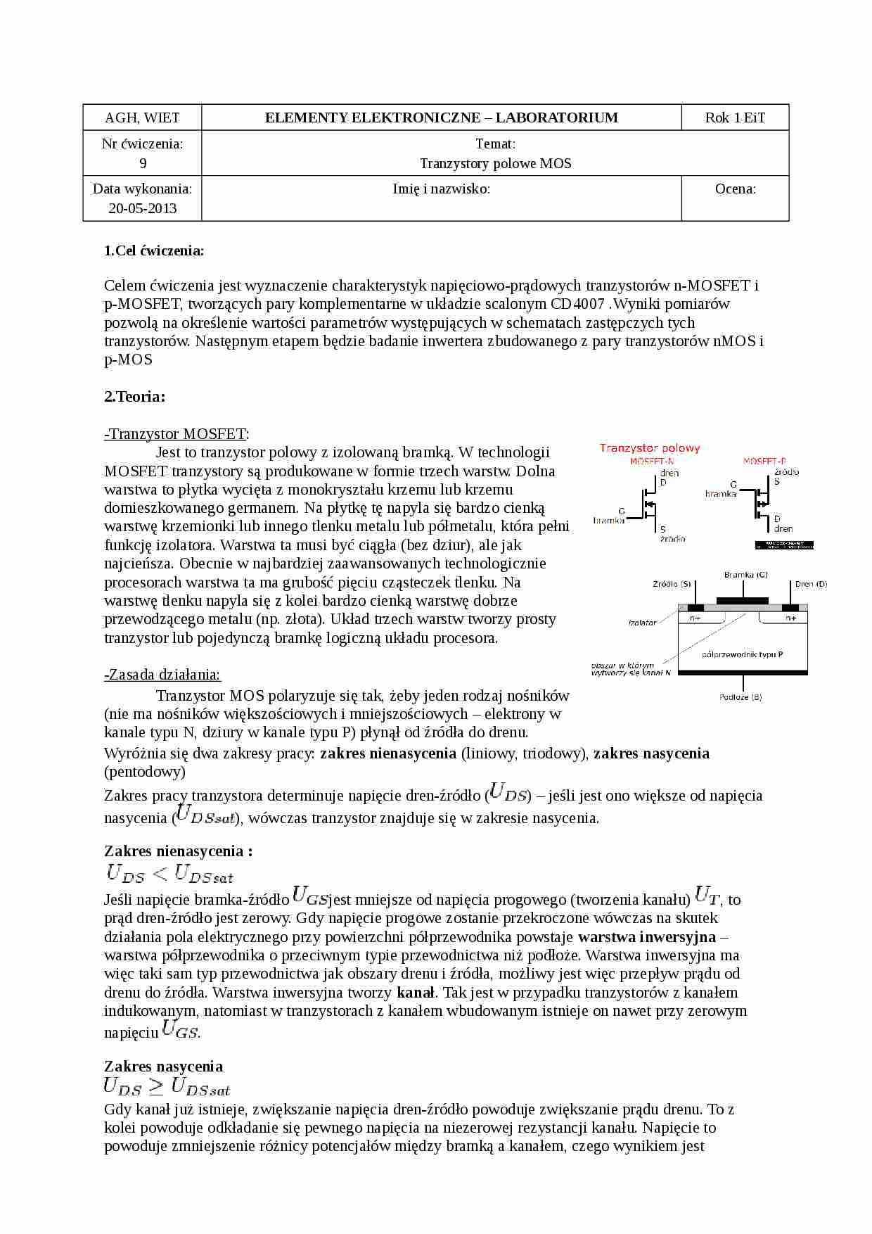 Tranzystory MOS (konspekt) - strona 1