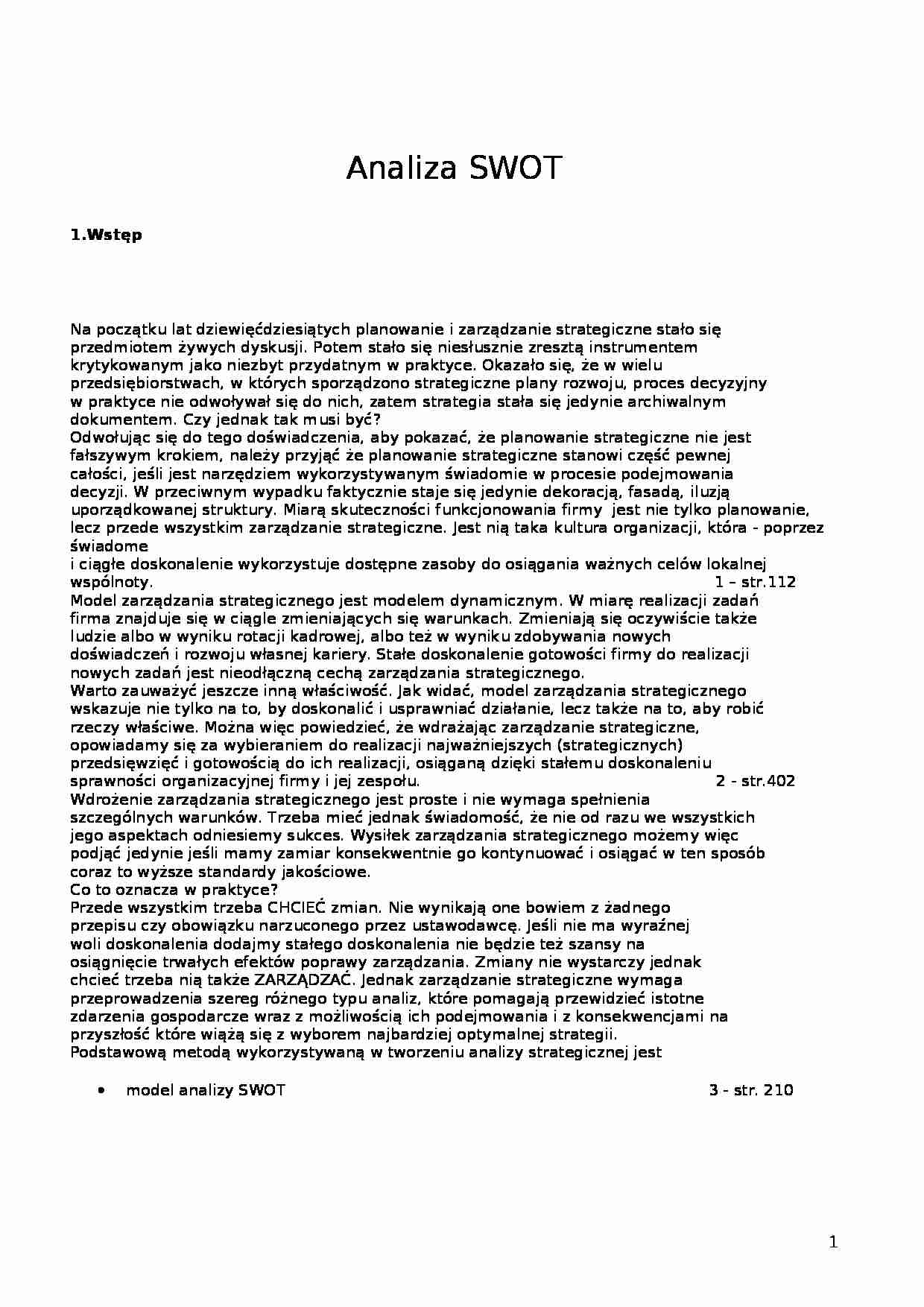 Analiza SWOT - szczegółowe opracowanie - strona 1
