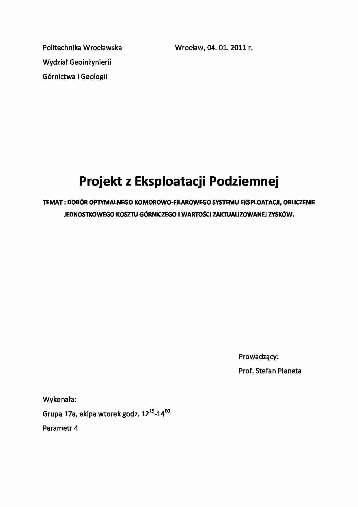 Dobór optymalnego komorowo-filarowego systemu eksploatacji - projekt - strona 1