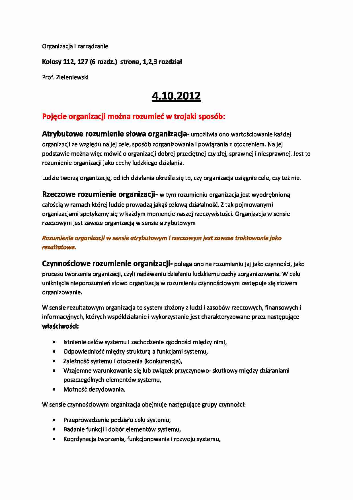 Organizacja i zarządzanie Zieleniewski  - strona 1