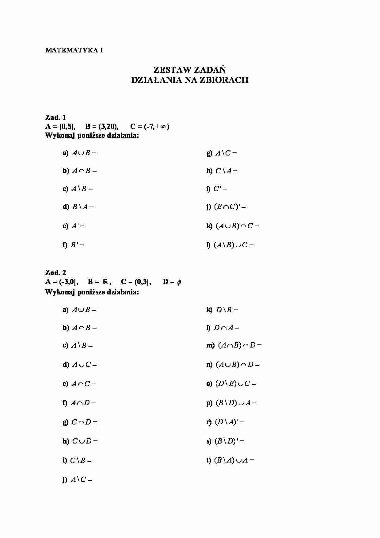 matematyka działania na zbiorach- zestaw zadań - strona 1