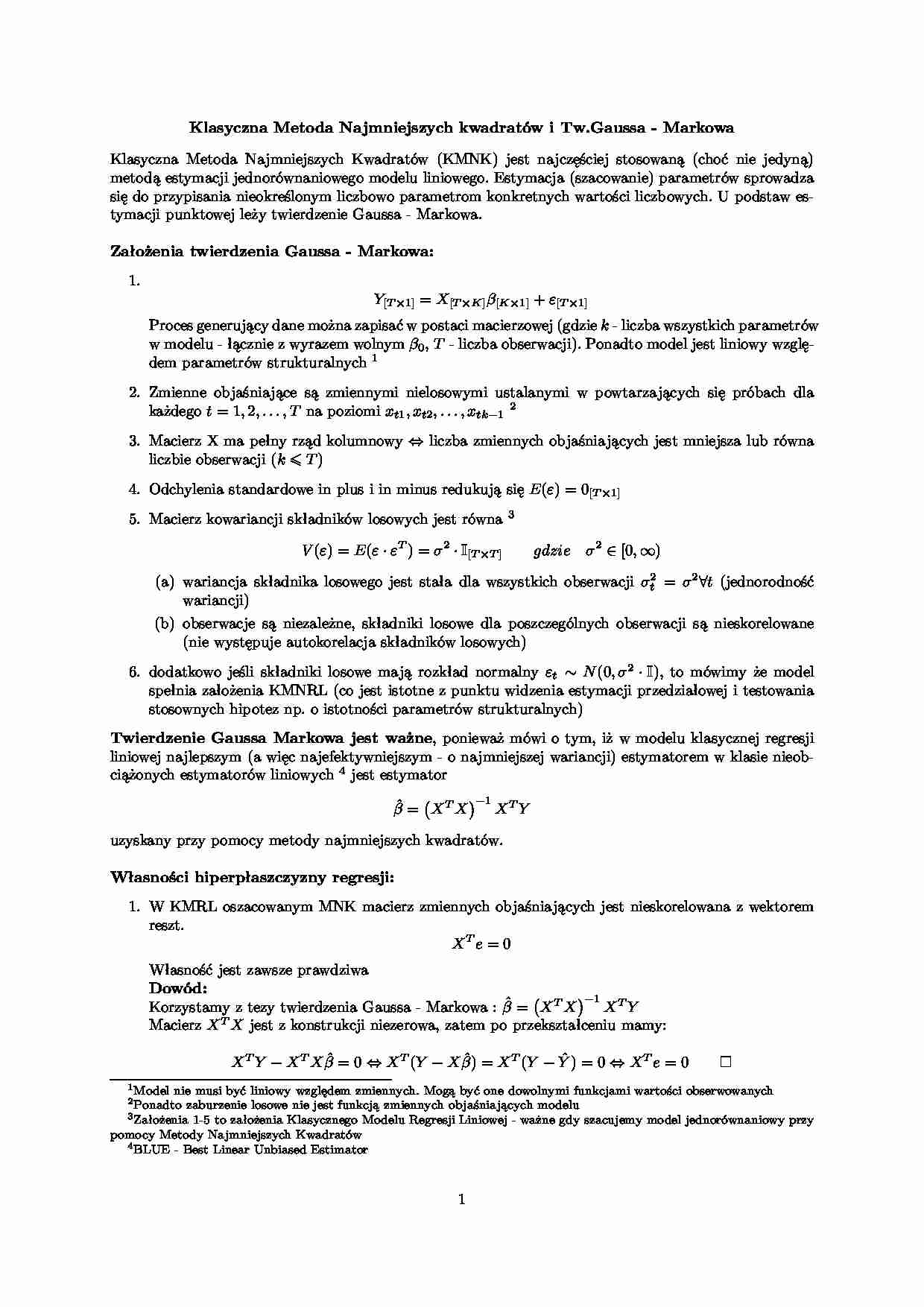 Klasyczna Metoda Najmniejszych kwadratów i Tw.Gaussa - Markowa - strona 1