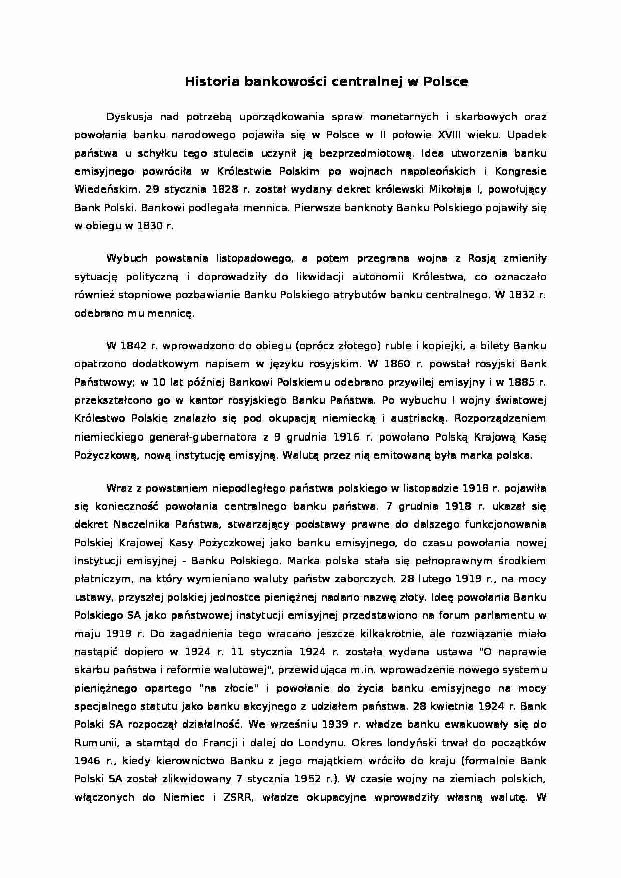 Historia bankowości centralnej w Polsce - Narodowy Bank Polski - strona 1