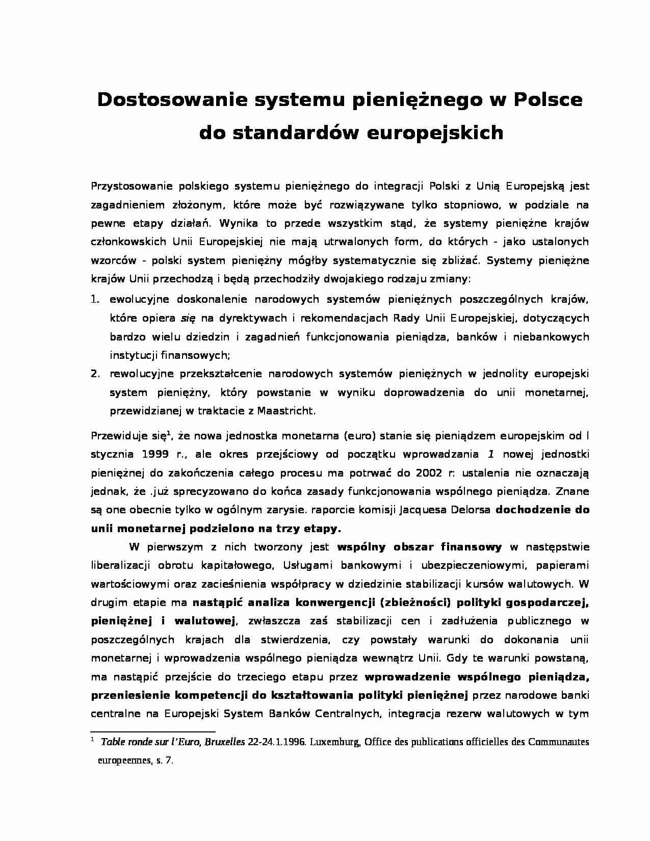 Dostosowanie systemu pieniężnego w Polsce do standardów europejwskich - strona 1