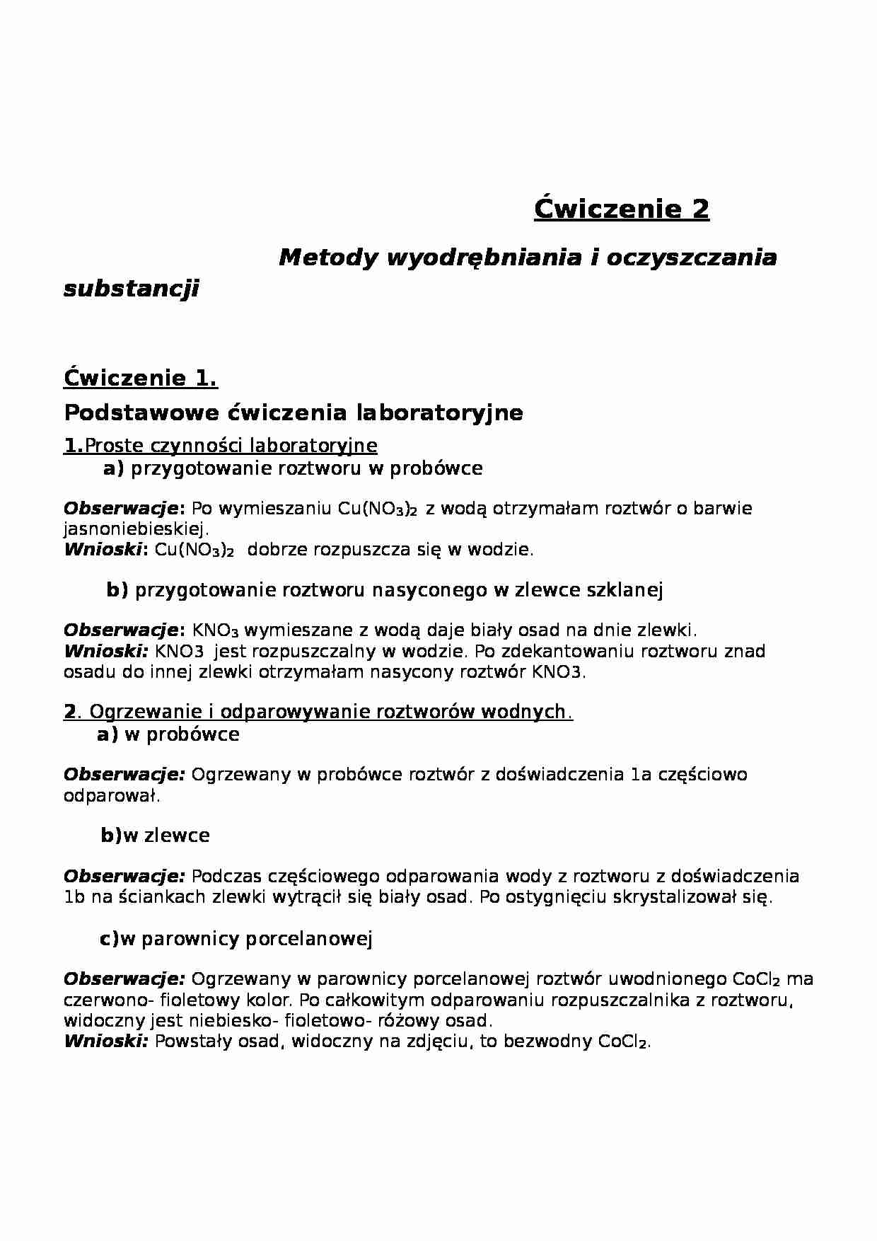 Metody wyodrębniania i oczyszczania substancji-sprawozdanie - strona 1