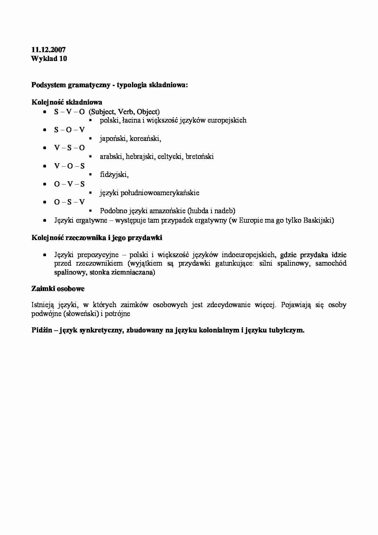 Podsystem gramatyczny - typologia składniowa - strona 1