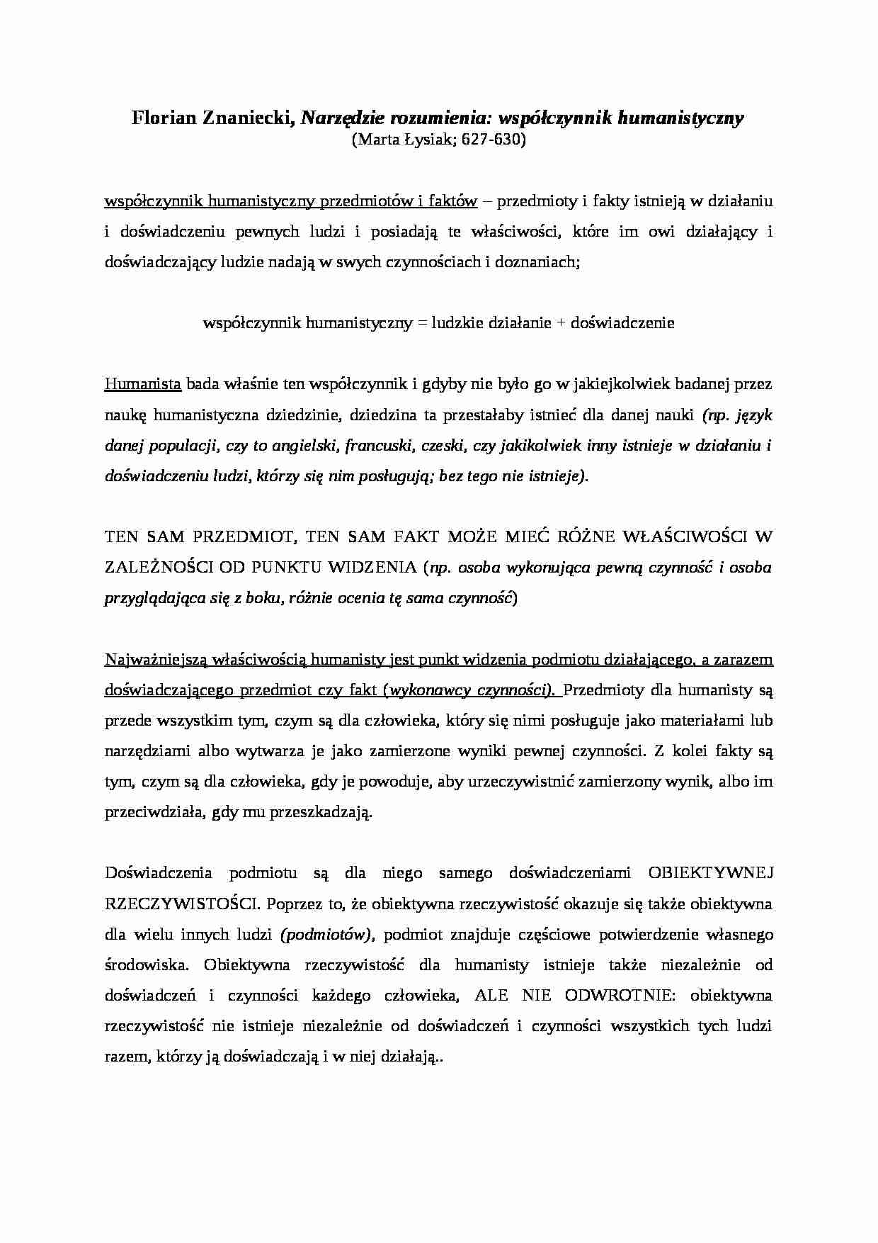 Opracowania, Florian Znaniecki-Narzędzie rozumienia : współczynnik humanistyczny - strona 1