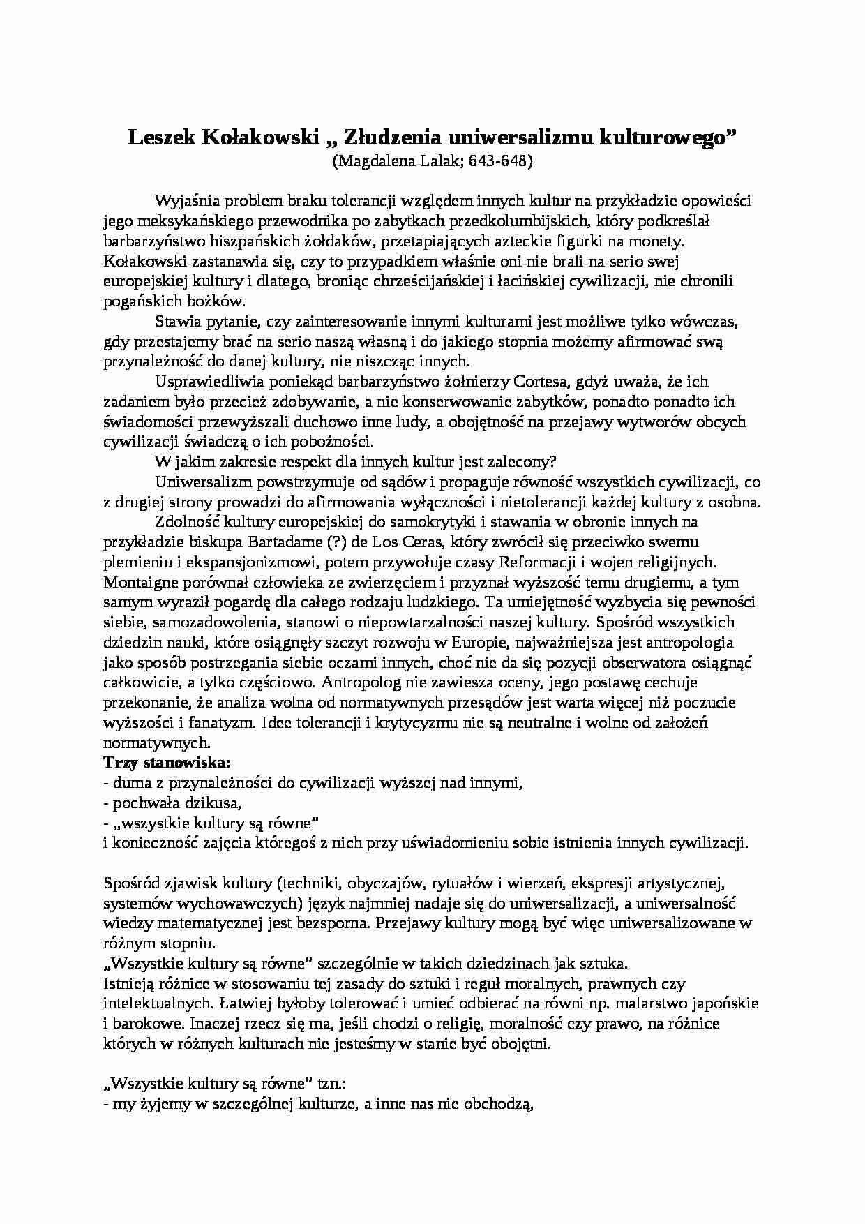 Opracowania, Leszek Kołakowski - Złudzenia uniwersalizmu kulturowego - strona 1