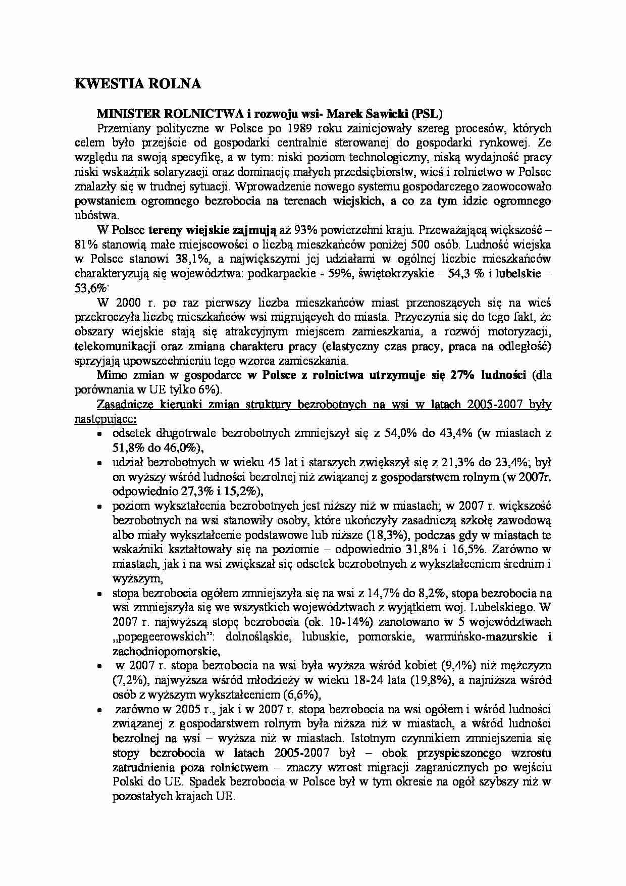 Kwestia rolna-minister rolnictwa i rozwoju wsi Marek Sawicki - strona 1