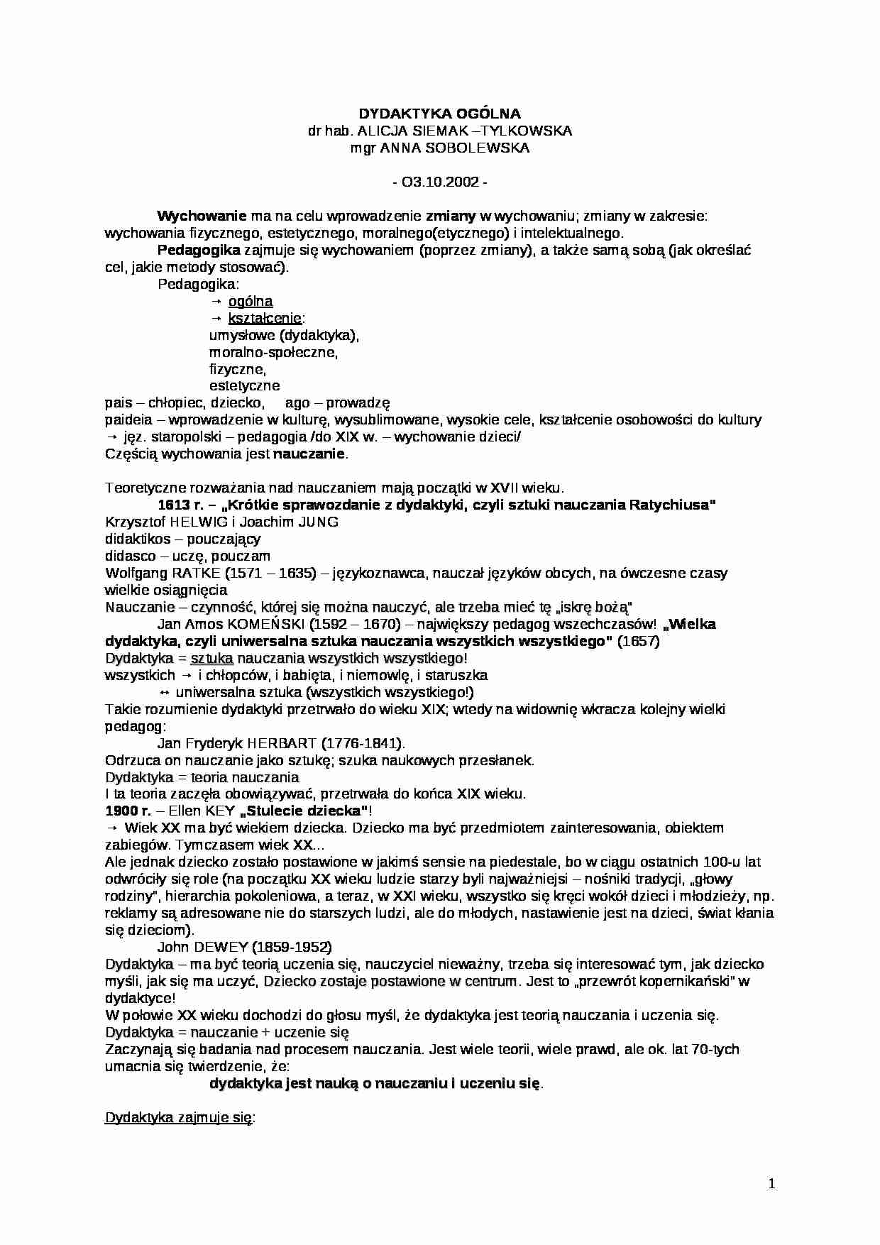 Dydaktyka - wyklady - zbior WPUW 2002-2003 - pedagogika - strona 1