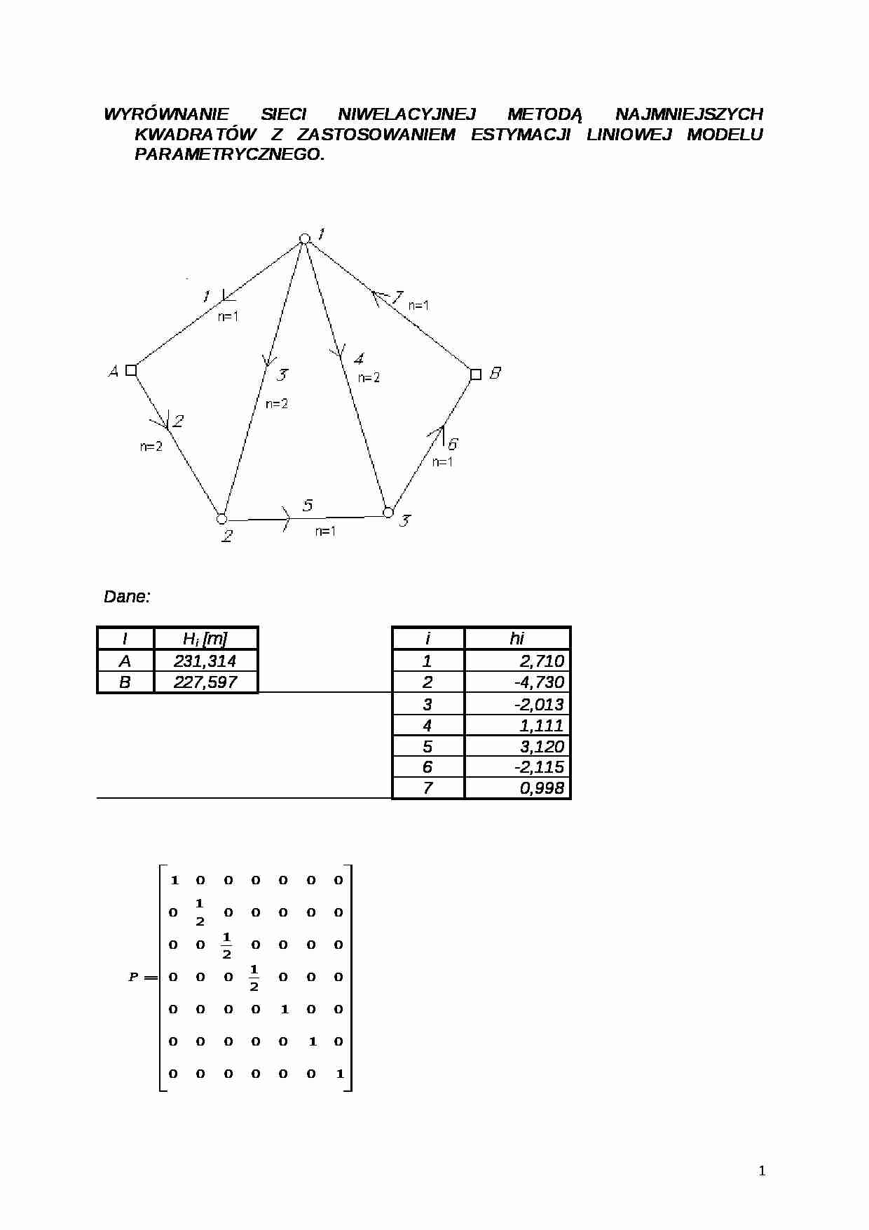 Wyrównanie sieci niwelacyjnej metodą najmniejszych kwadratów - strona 1