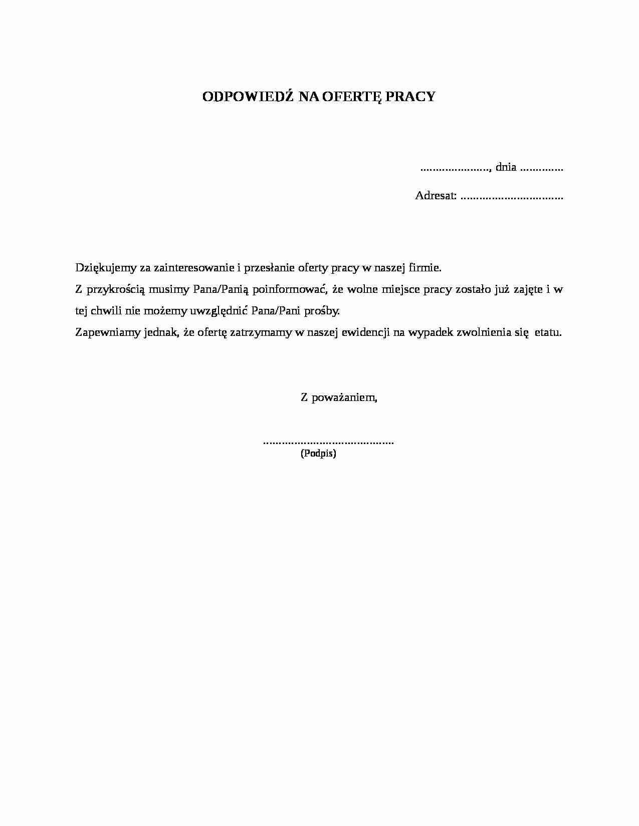 Wzór pisma-Odpowiedź na ofertę pracy - strona 1