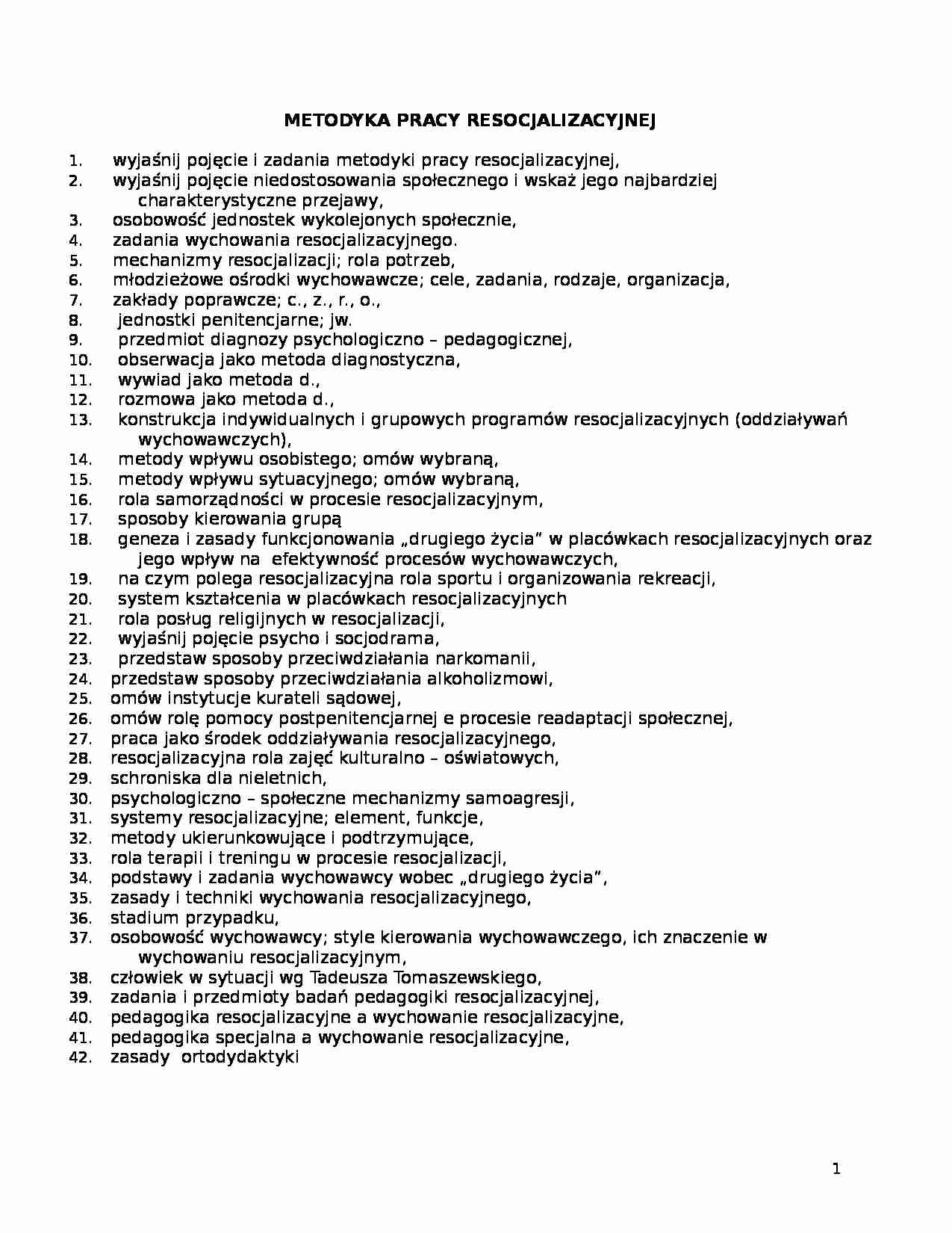 metodyka pracy resocjalizacyjnej - pedagogika - strona 1
