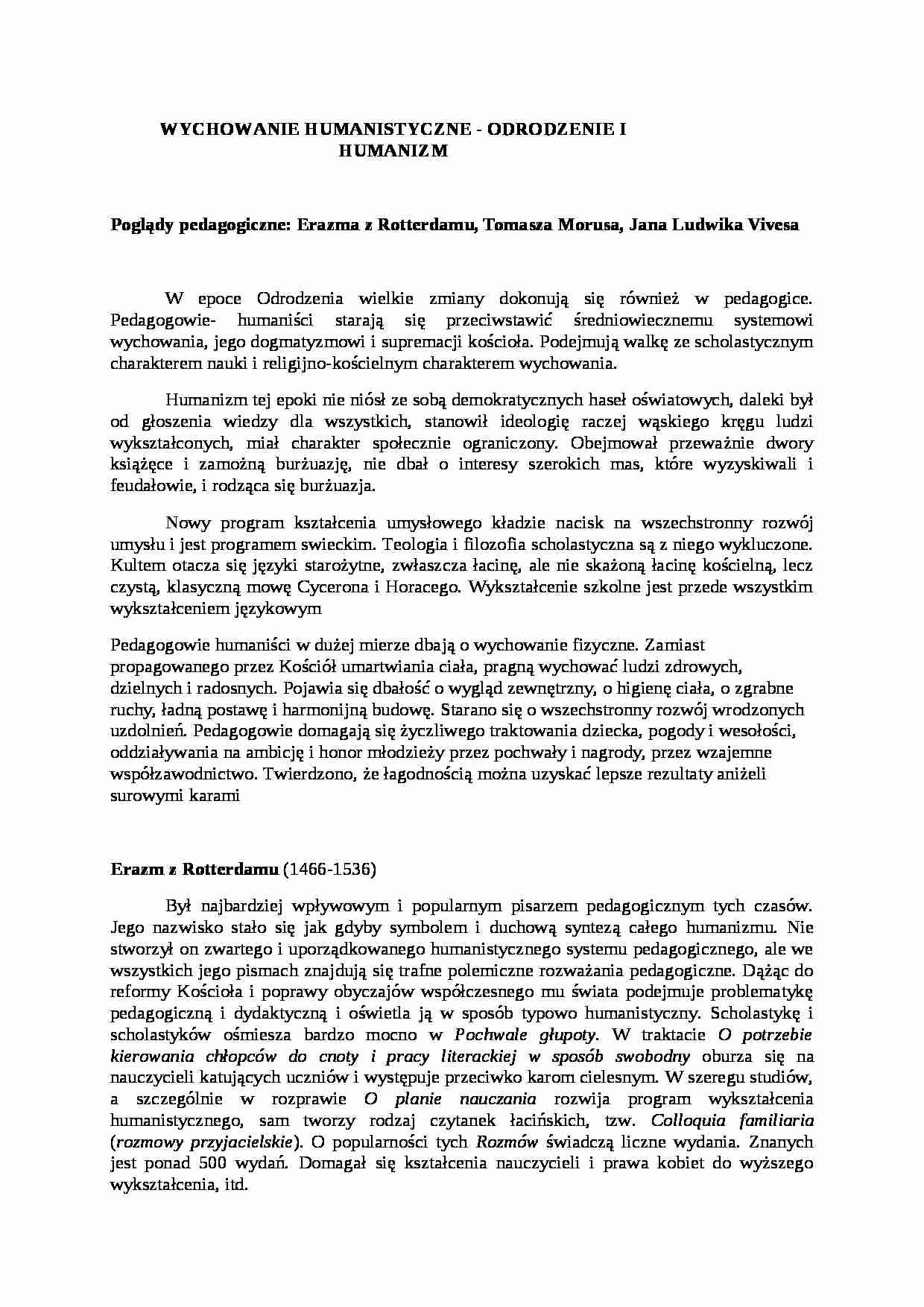 Poglądy pedagogiczne Erazma z Rotterdamu, Tomasza Morusa, Jana Ludwika Vivesa- pedagogika - strona 1