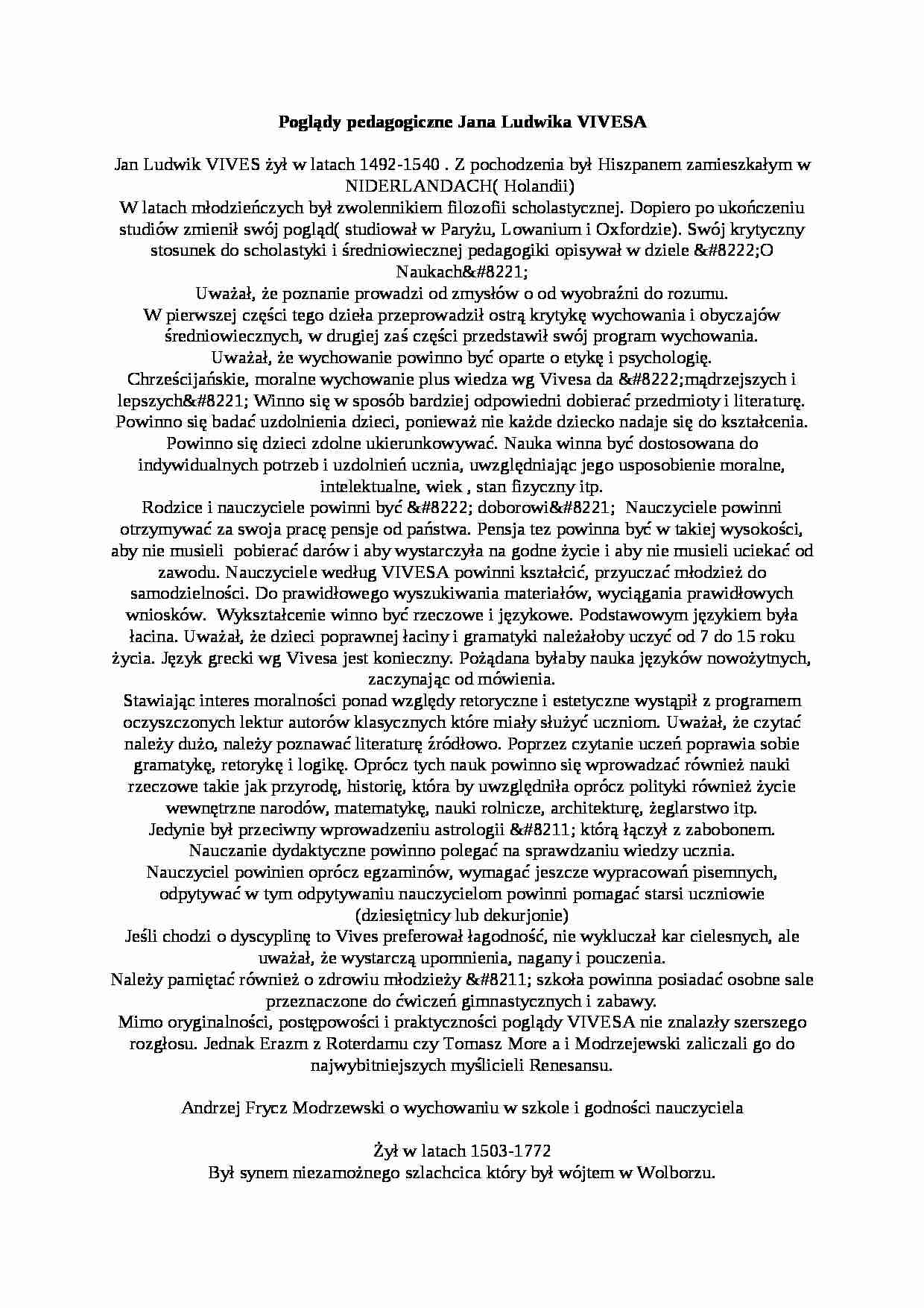 Poglądy pedagogiczne Jana Ludwika VIVESA- pedagogika - strona 1