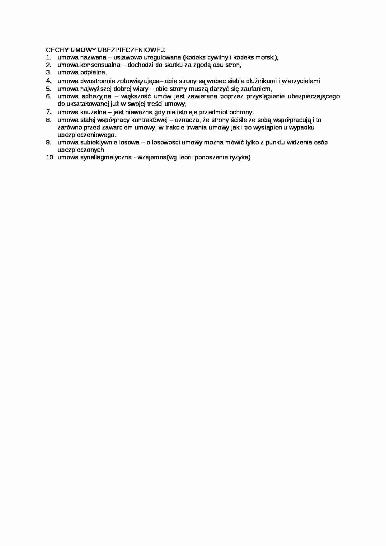 Cechy umowy ubezpieczeniowej - wykład - strona 1