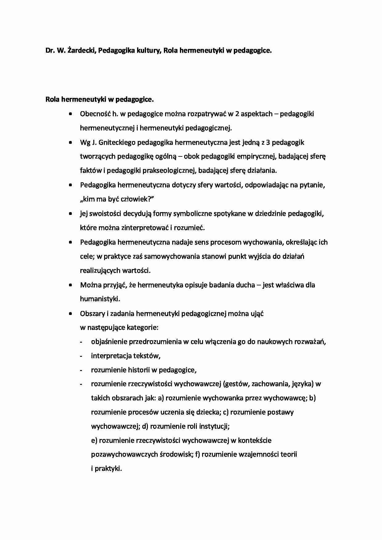 Rola hermeneutyki w pedagogice  - omówienie (sem. IV) - strona 1
