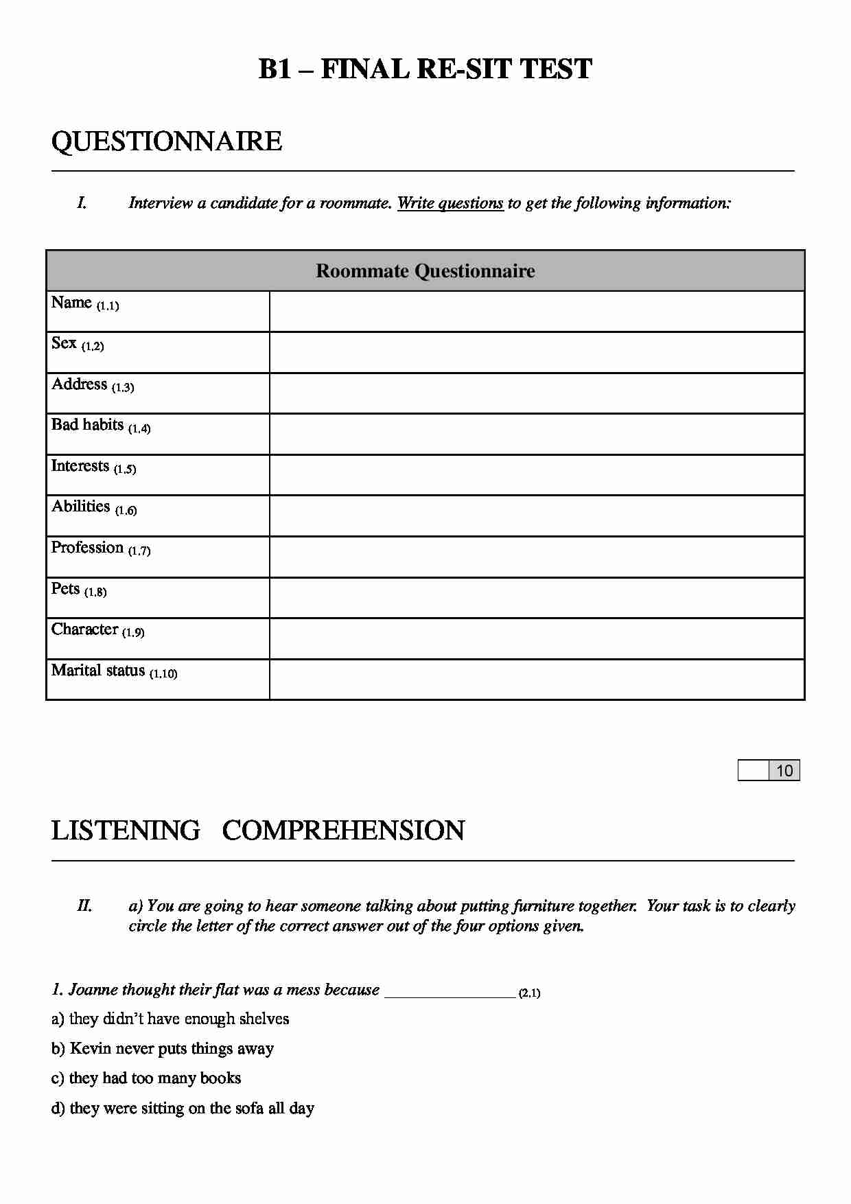 J. angielski, Egzamin pisemny B1 II wersja (sem. IV) - strona 1