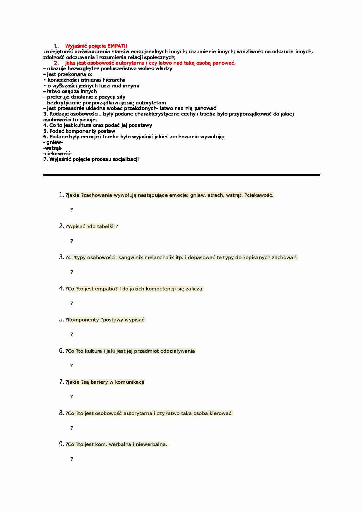 Podstawy Psychologii i Socjologii - pytania na egzamin  (sem 1) - strona 1