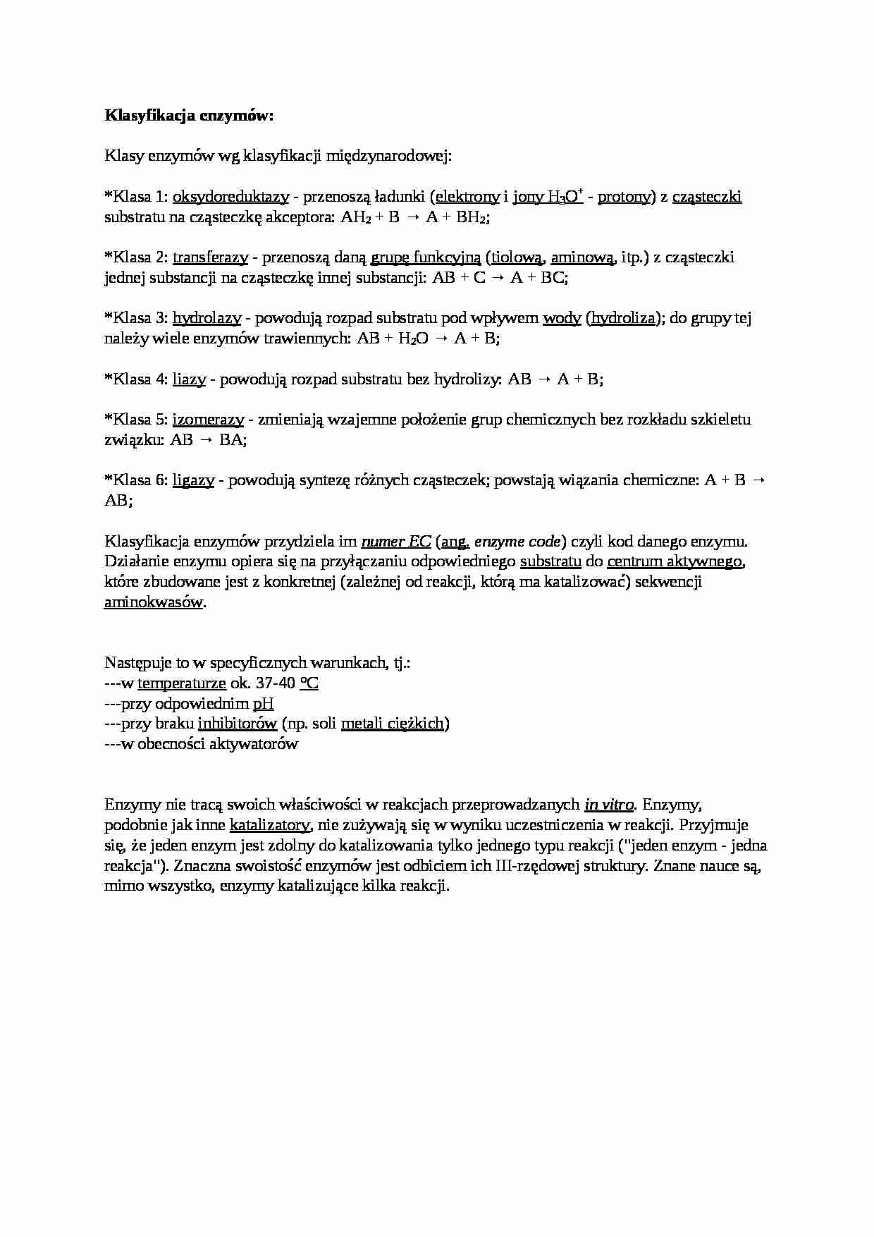 Klasyfikacja enzymów - wykład, sem III - strona 1