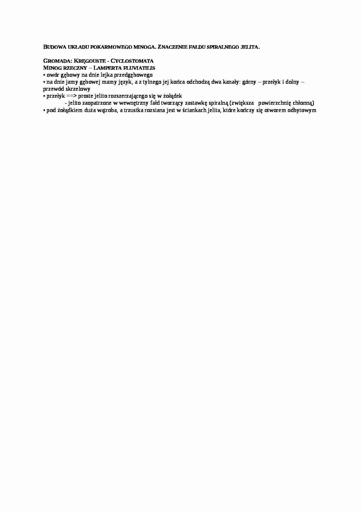 Opracowanie - budowa układu pokarmowego minoga - strona 1