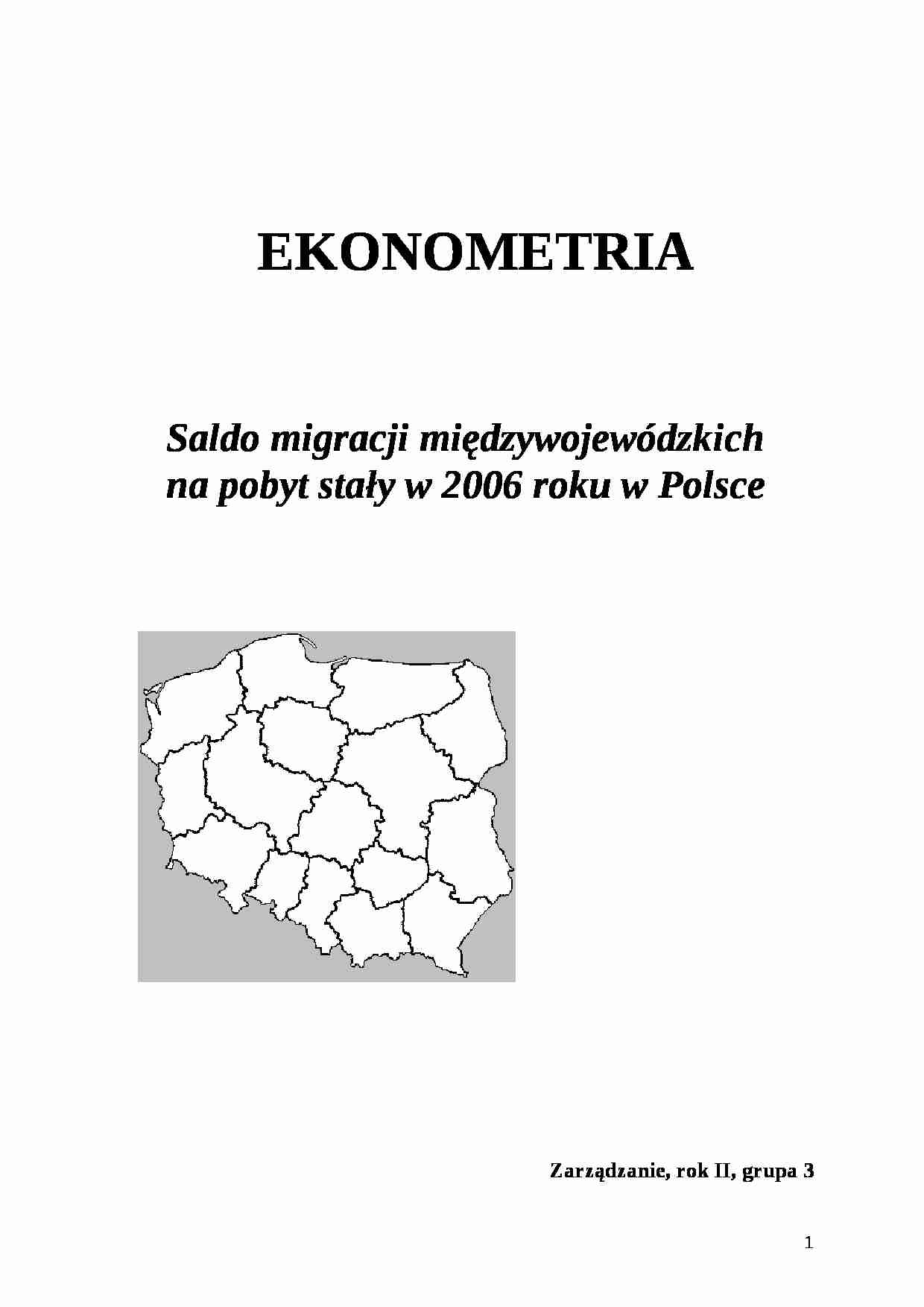 Ekonometria -Analiza Salda migracji międzywojewódzkich na pobyt stały w 2006 roku w Polsce - strona 1