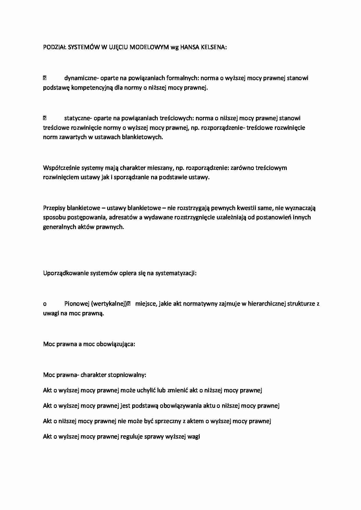 Podział systemów w ujęciu modelowym wg Hansa Kelsena-opracowanie - strona 1