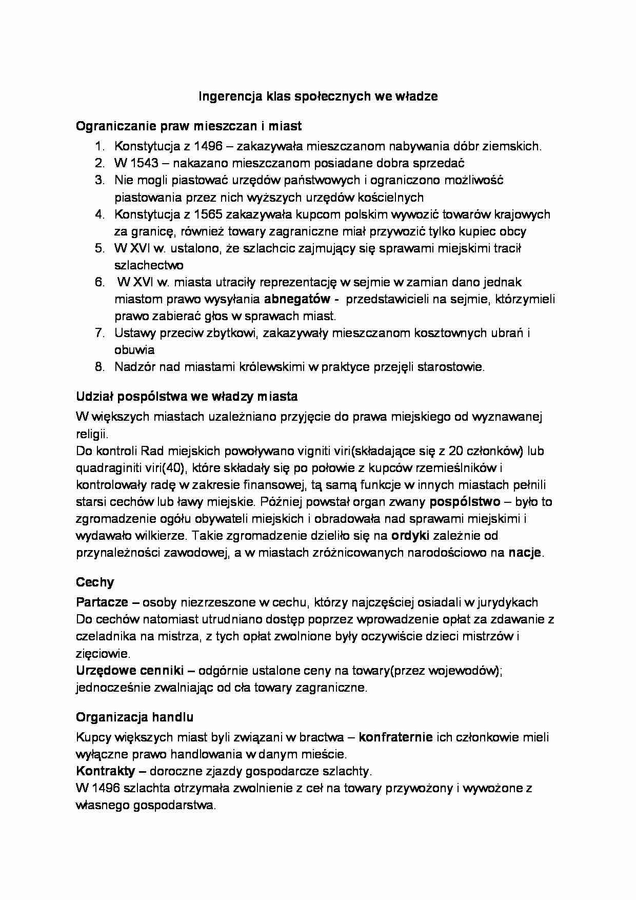Rzeczpospolita szlachecka -Ingerencja klas społecznych we władze - strona 1