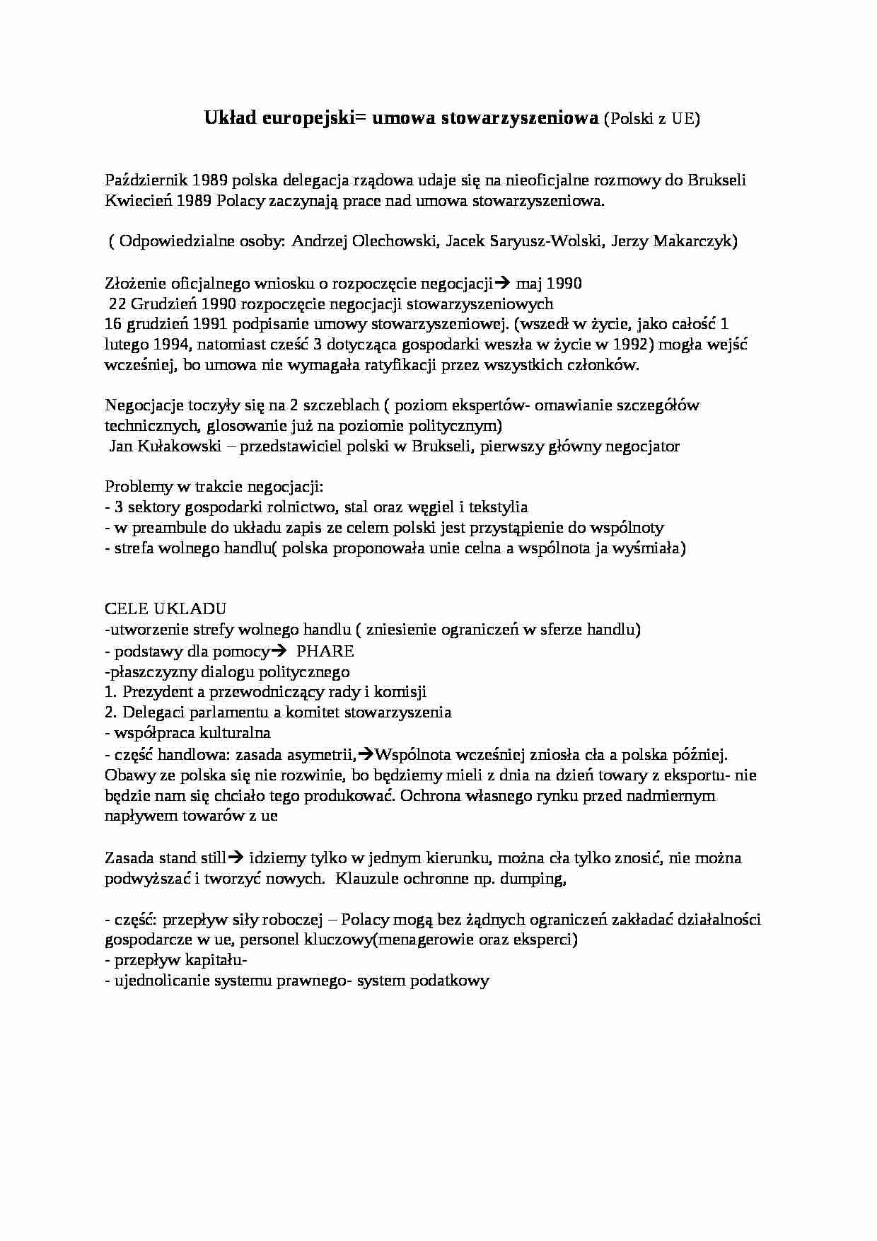  Polska w Procesie Integracji  - Układ europejski - umowa stowarzyszeniowa - strona 1