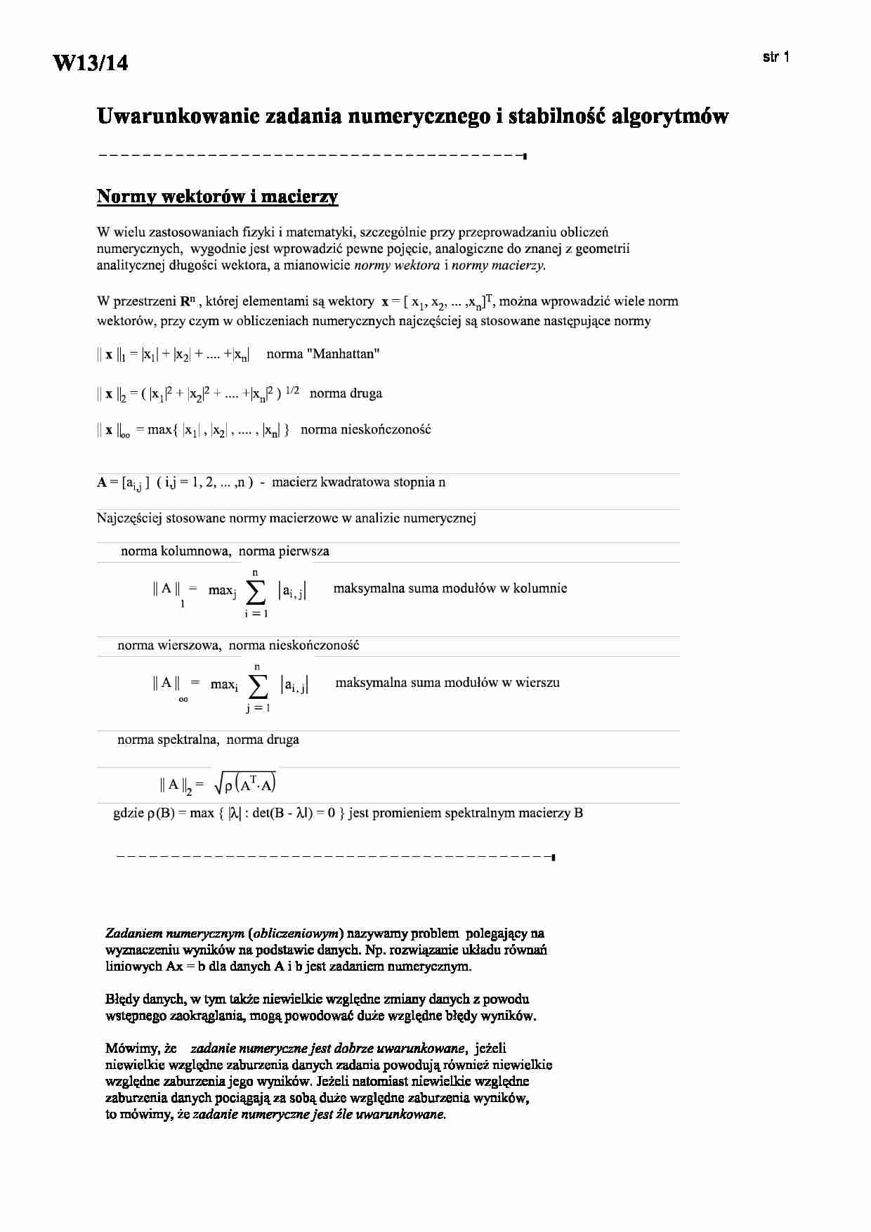 Uwarunkowanie zadania numerycznego i stabilność algorytmów - opracowanie - strona 1