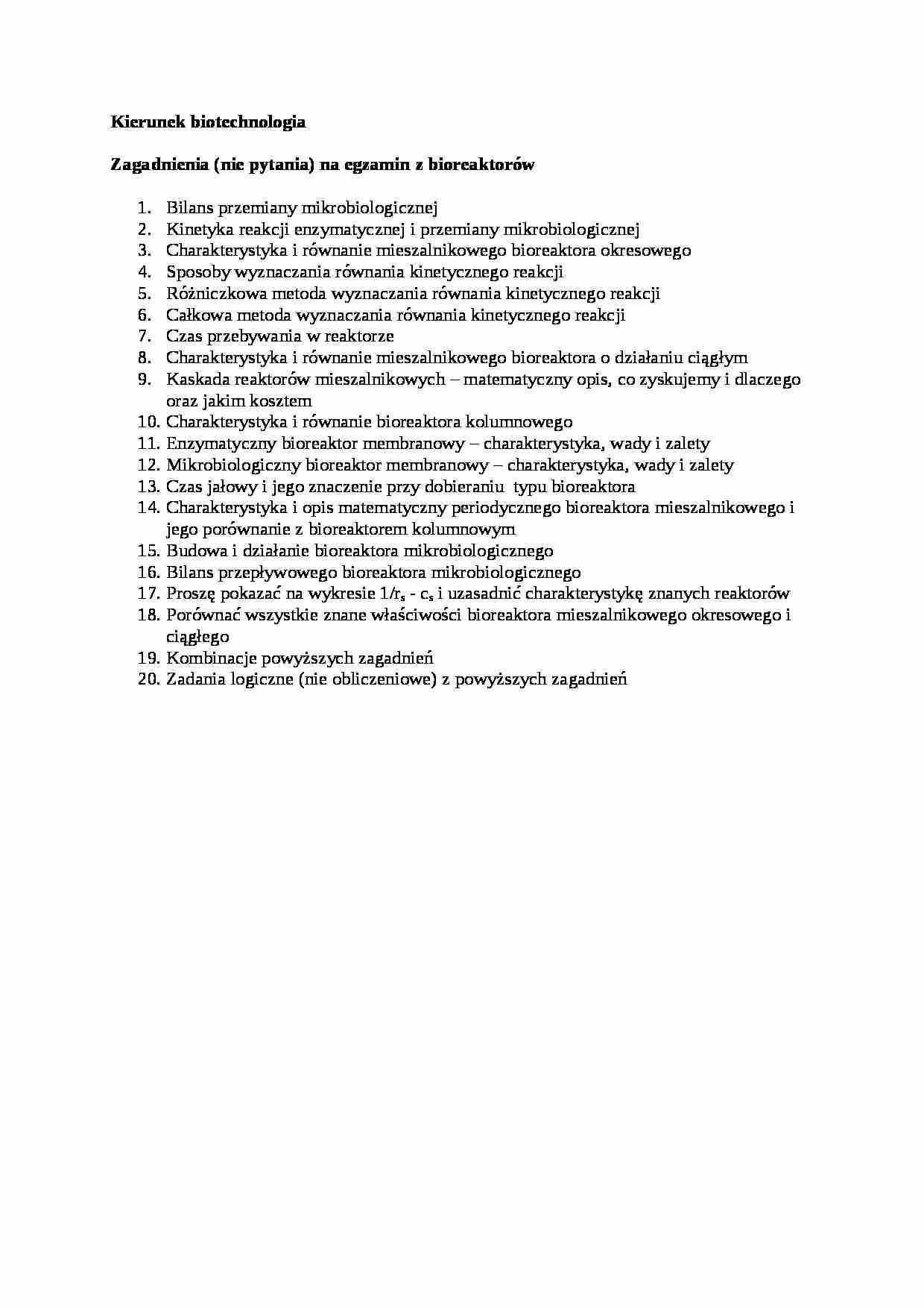 Inżynieria bioreaktorów- zagadnienia na egzamin - strona 1