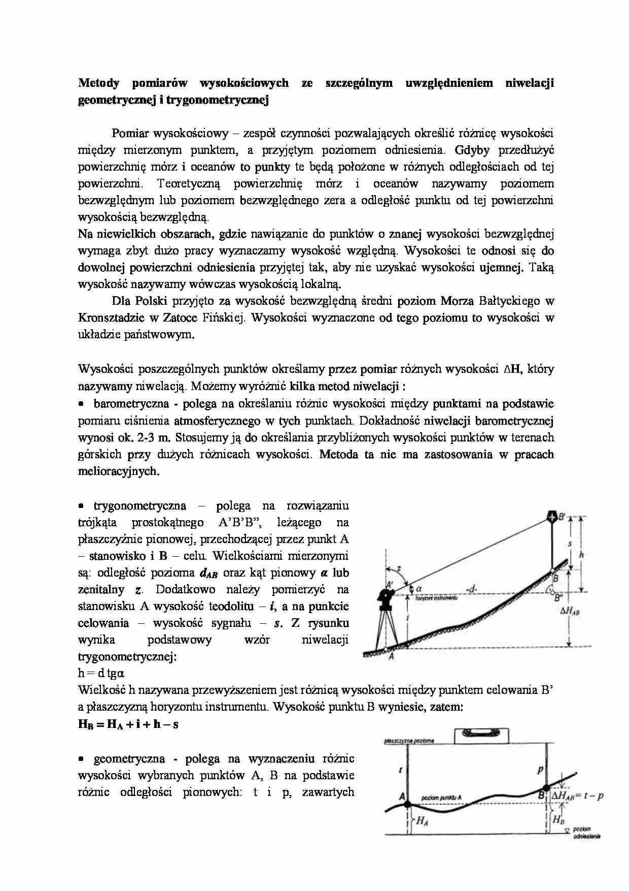 Metody pomiarów wysokościowych ze szczególnym uwzględnieniem niwelacji geometrycznej i trygonometrycznej - strona 1