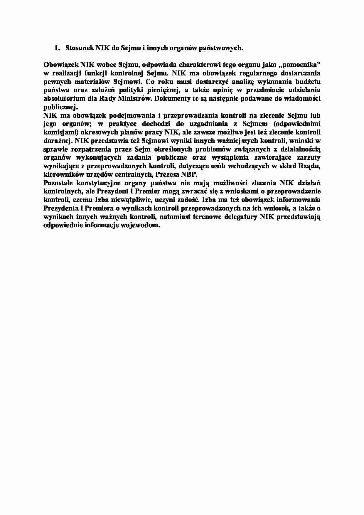 Stosunek NIK do Sejmu i innych organów państwowych-opracowanie - strona 1