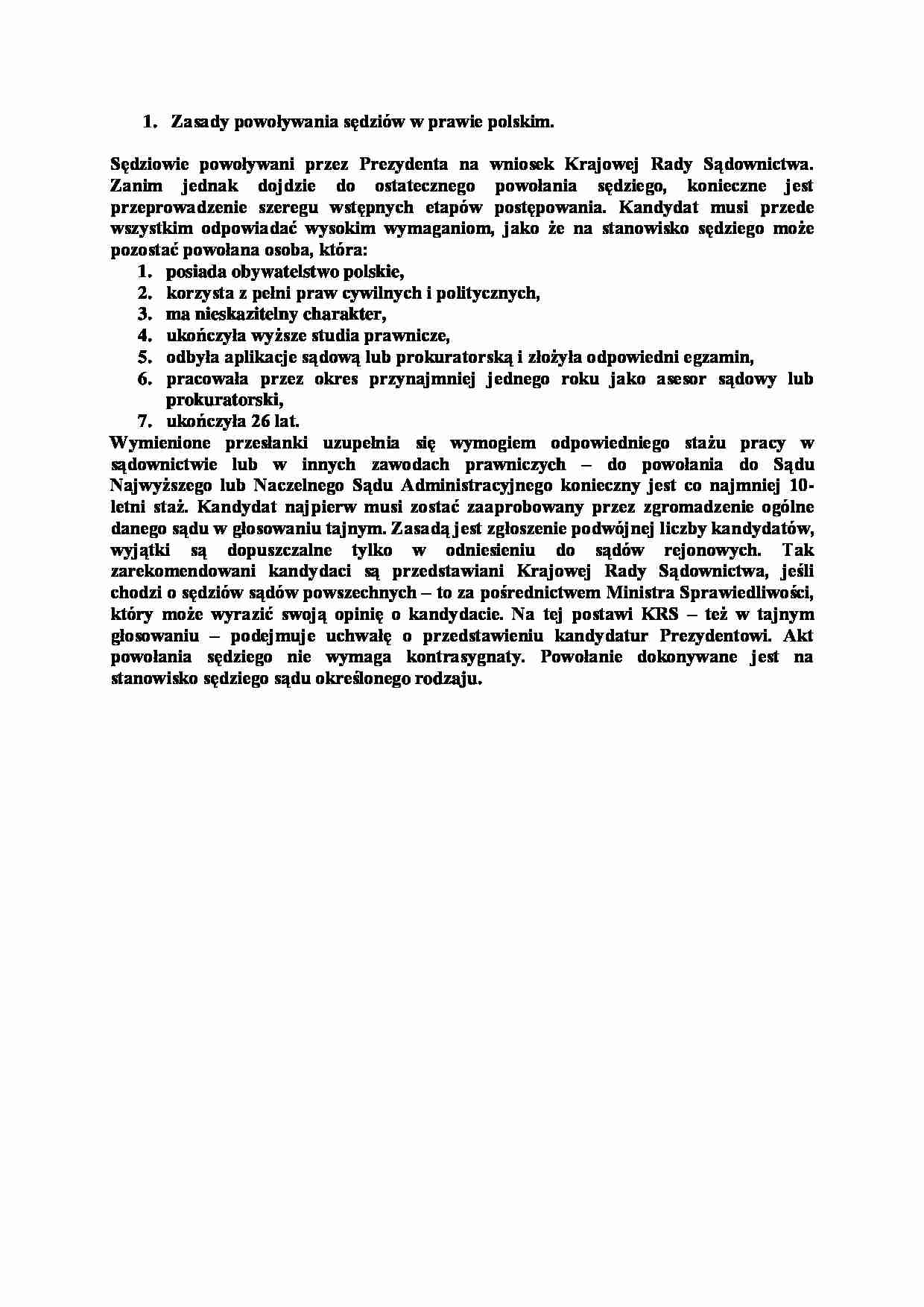 Zasady powoływania sędziów w prawie polskim-opracowanie - strona 1