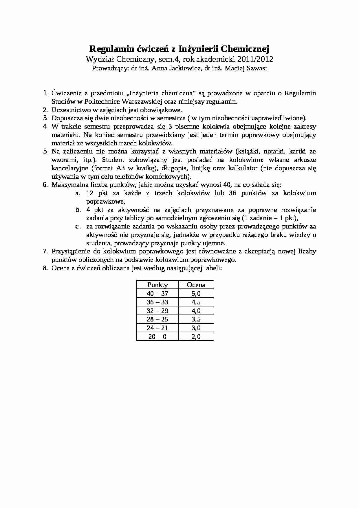 Inżynieria chemiczna - regulamin ćwiczeń - strona 1