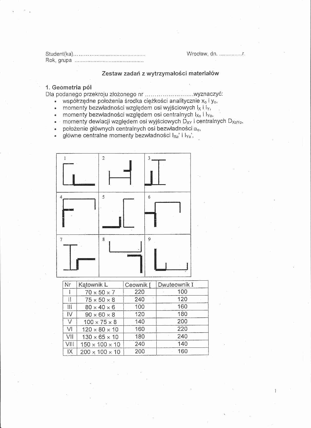 Zestaw zadań z wytrzymałości materiałów - geometria pól - strona 1