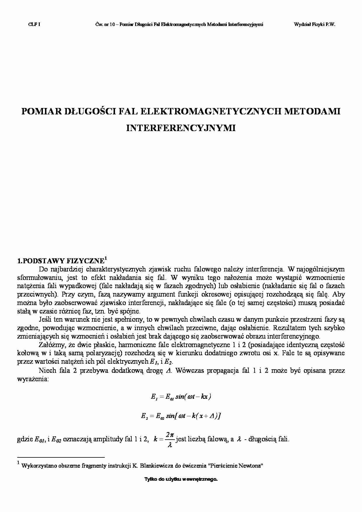 Pomiar długości fal elektromagnetycznych metodami interferencyjnymi - strona 1