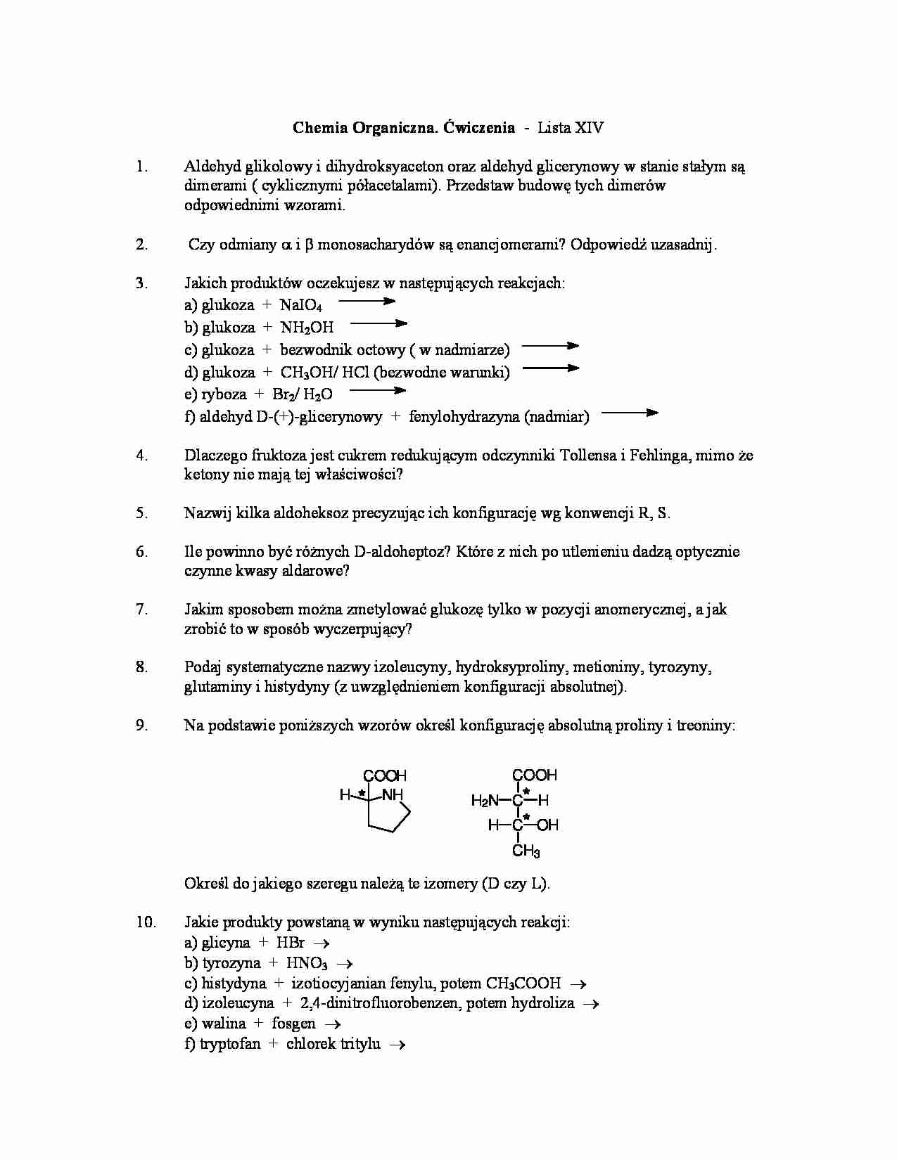 Chemia organiczna - ćwiczenia, lista XIV - strona 1