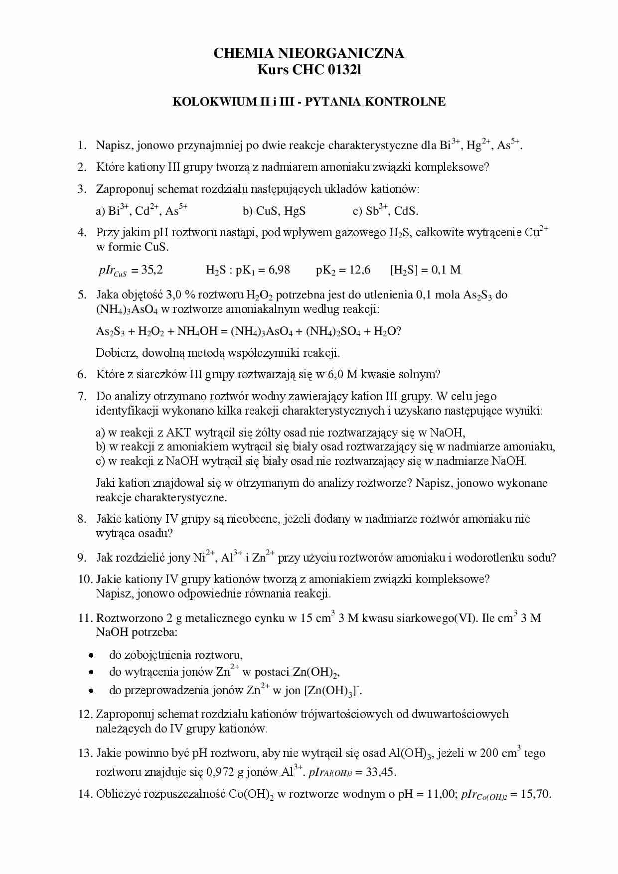 Chemia nieorganiczna laboratorium - Pytania kontrolne - strona 1